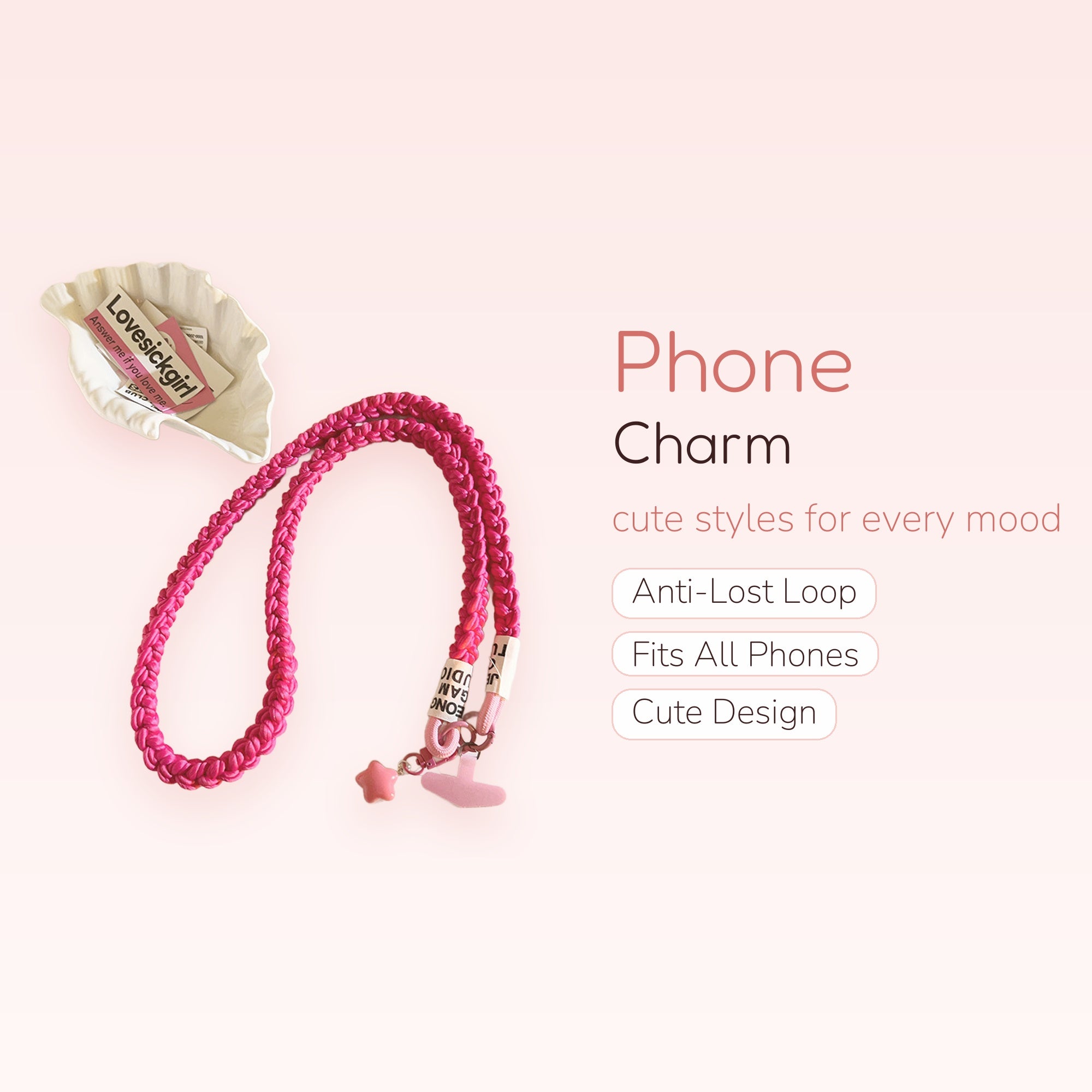 Hot Pink Braided Lanyard Phone Charm | Kawaii Star & T-Bar Wrist Strap