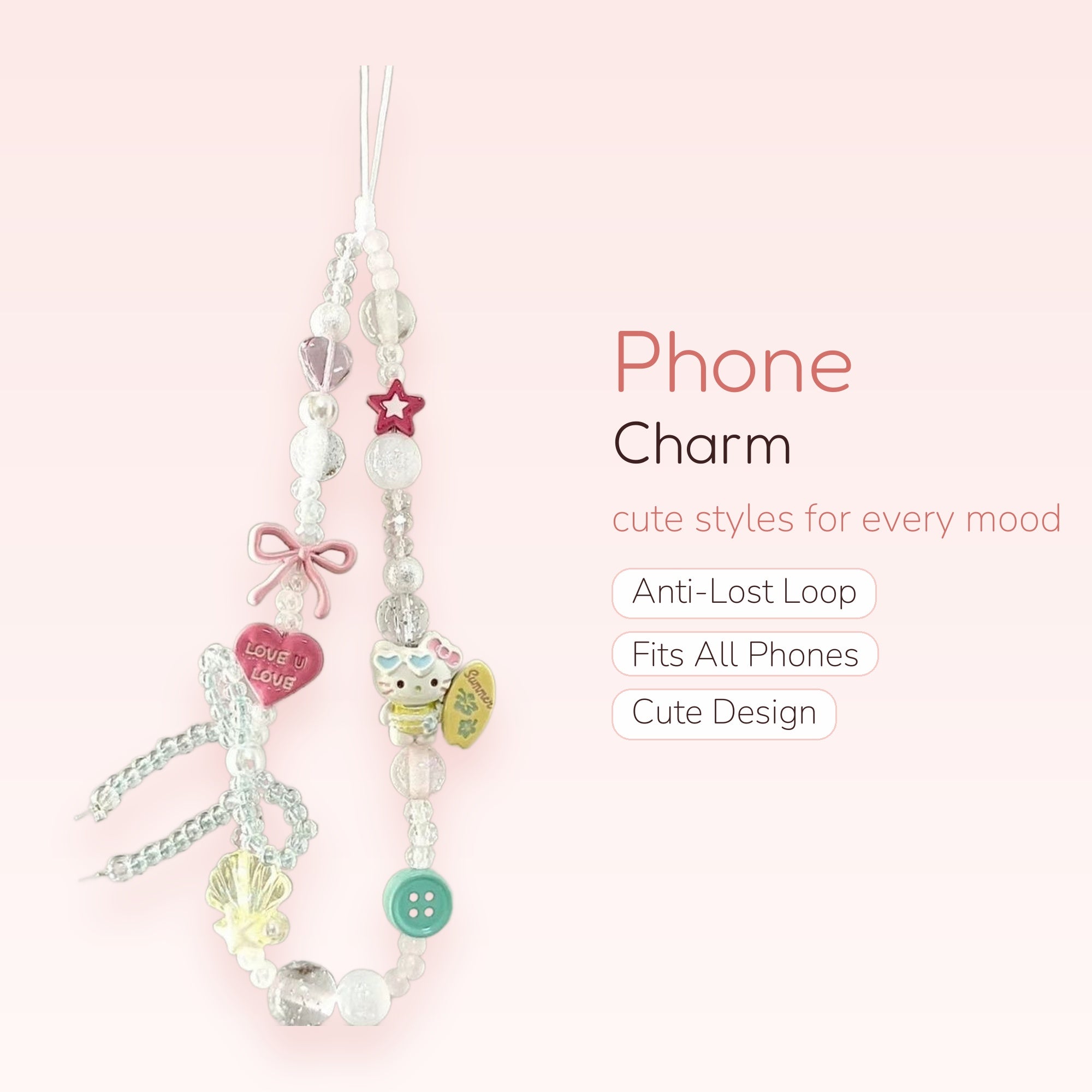 Kawaii Pastel Beaded Phone Charm Strap | Hello Kitty & Heart Wrist Lanyard