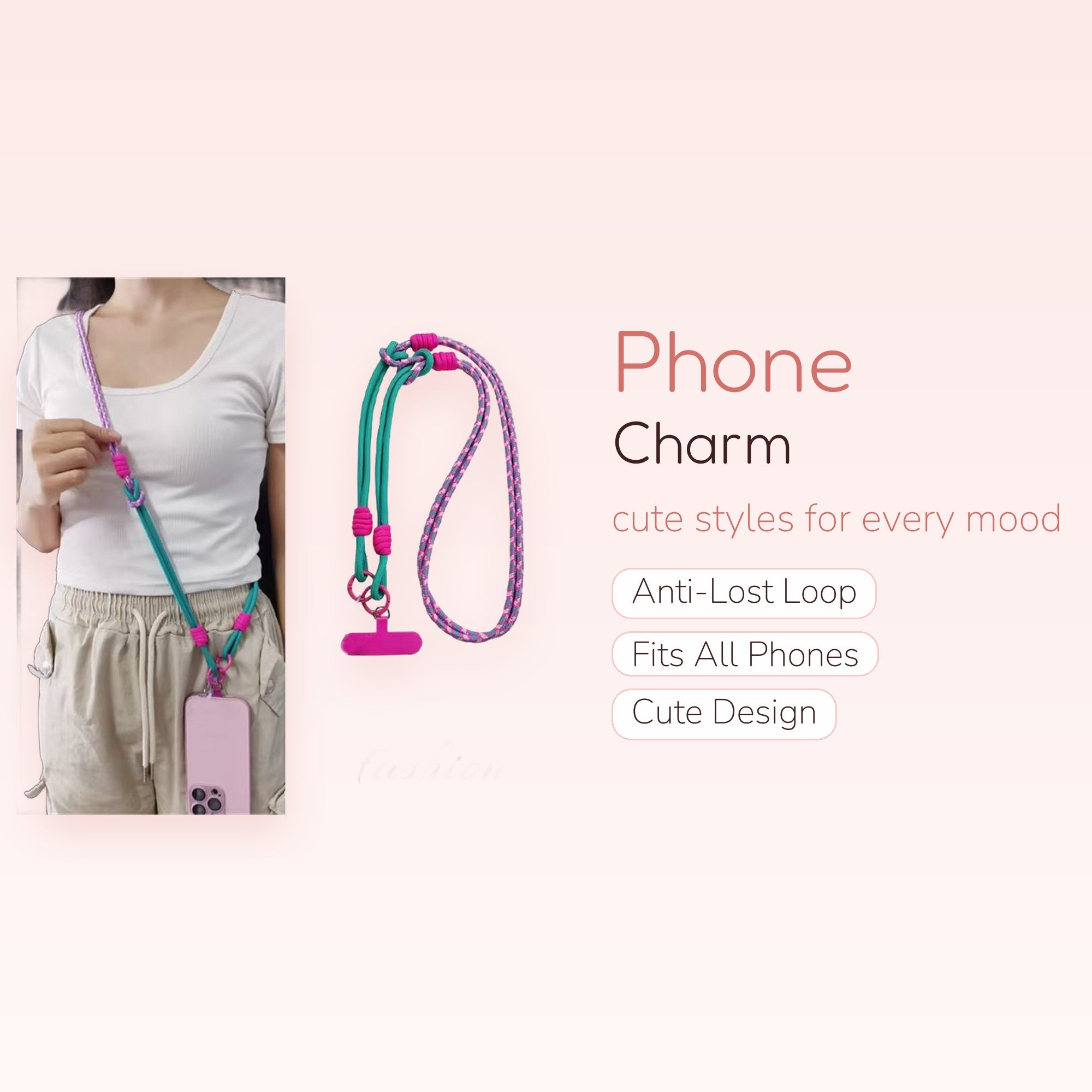Vibrant Teal & Pink Braided Phone Lanyard | Adjustable Crossbody Strap