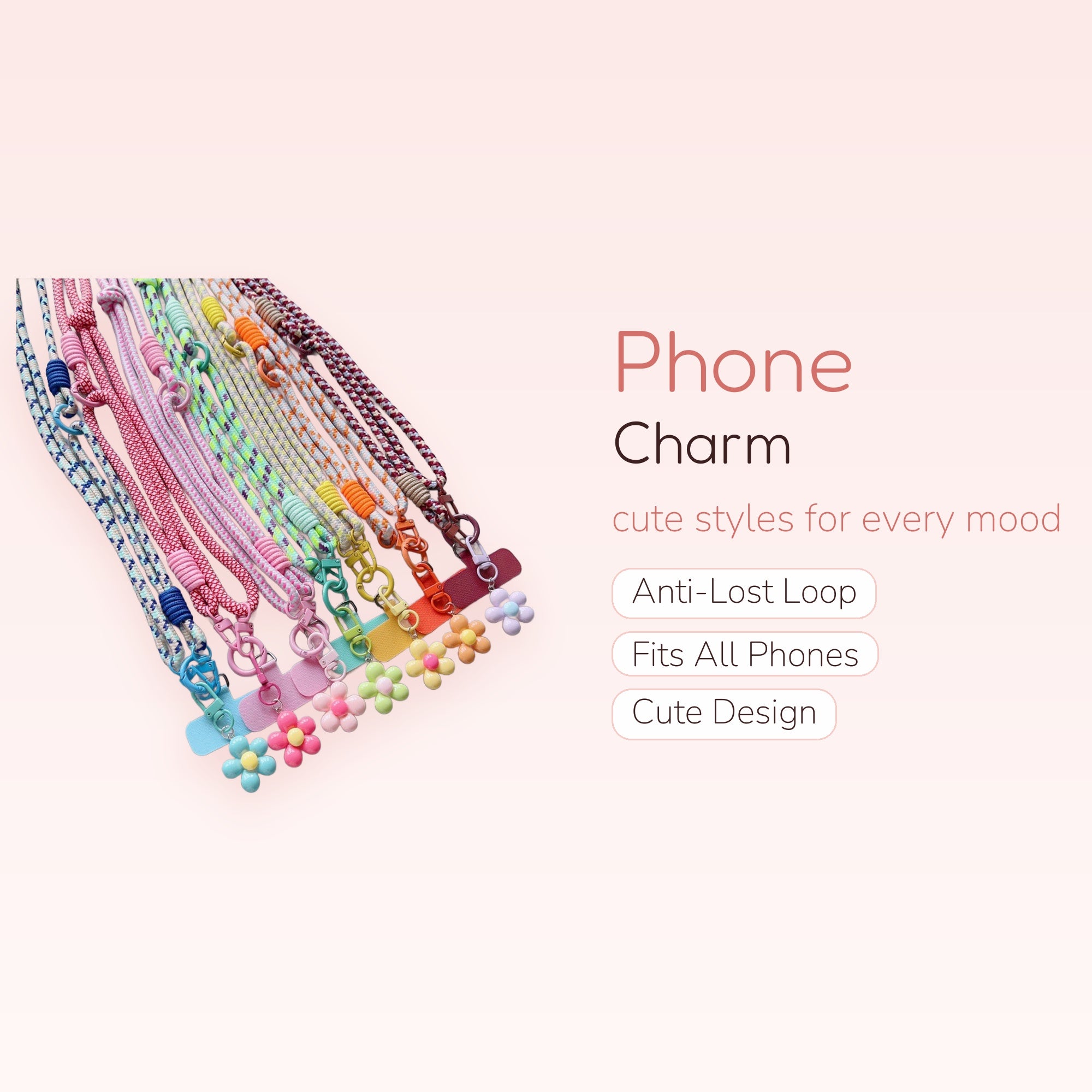 Colorful Rope Phone Lanyard with Flower Charms | Kawaii Crossbody Phone Strap