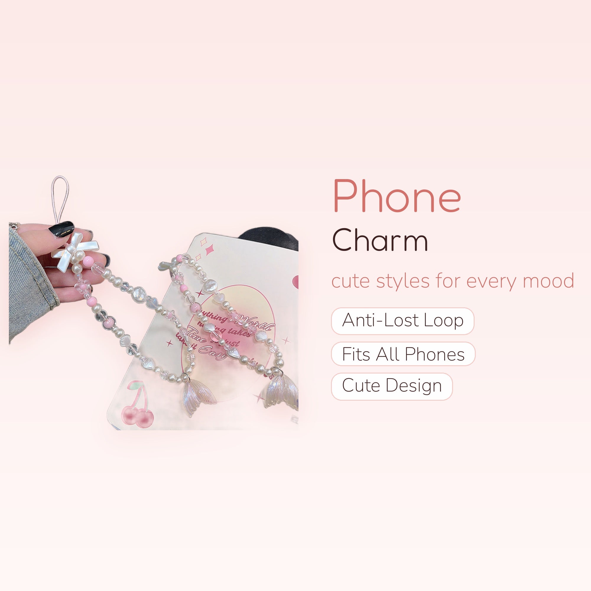 Kawaii Pearl & Pink Beaded Phone Charm | Aesthetic Mermaid Tail Wrist Strap