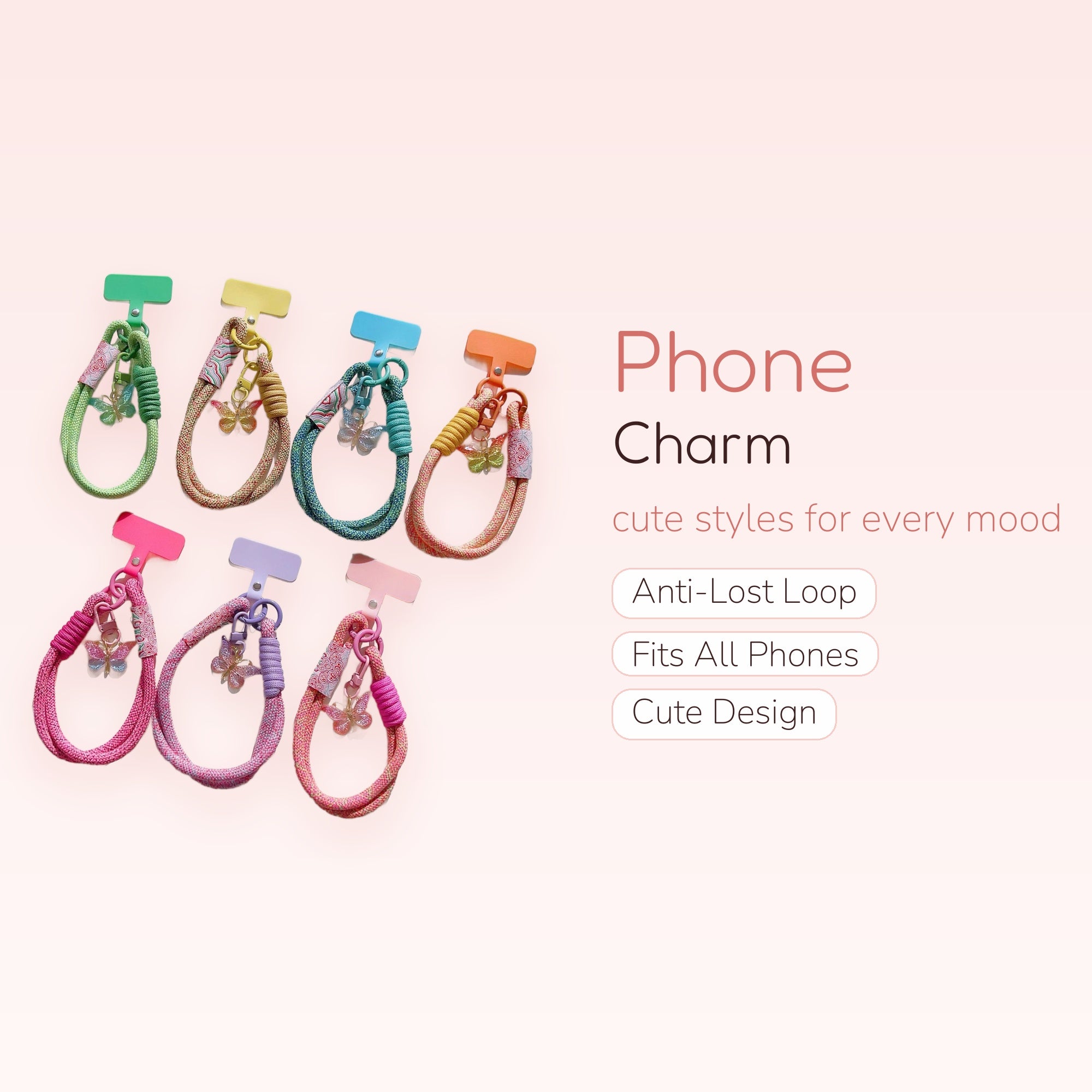 Colorful Braided Rope Phone Charm Strap with Butterfly Charms | Aesthetic Wrist Lanyard