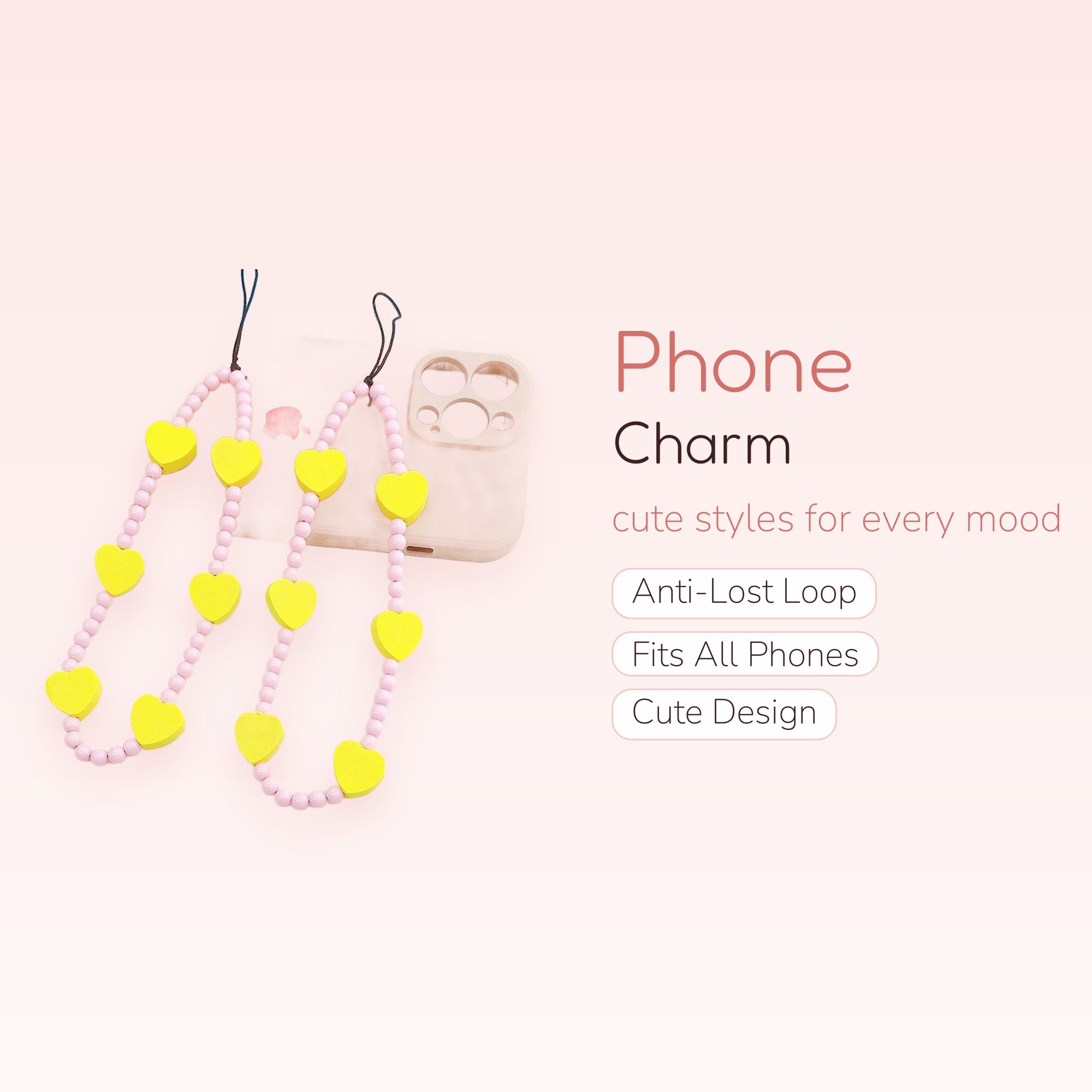 Aesthetic Yellow Heart & Pink Beaded Phone Charm | Cute Wrist Strap Lanyard