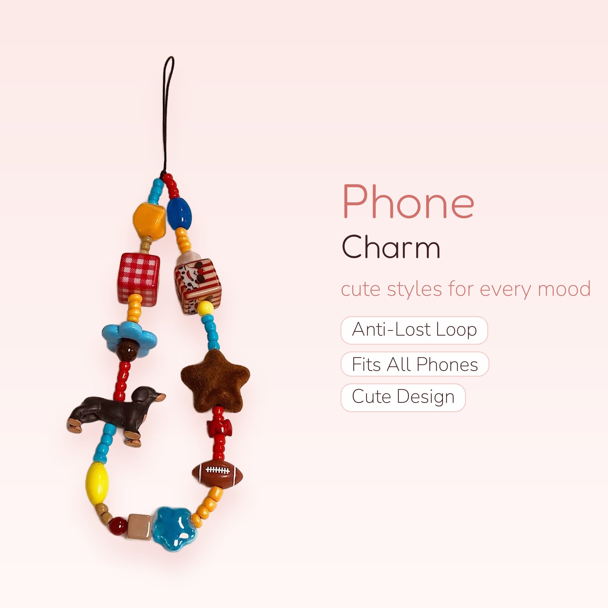 Kawaii Dachshund & Star Phone Charm | Colorful Beaded Wrist Lanyard