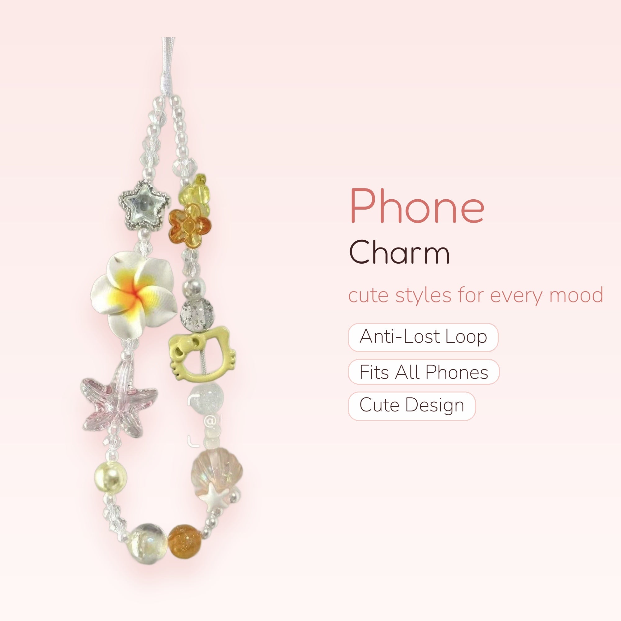 Kawaii Floral & Starfish Beaded Phone Charm | Pastel Ocean Theme Wrist Strap