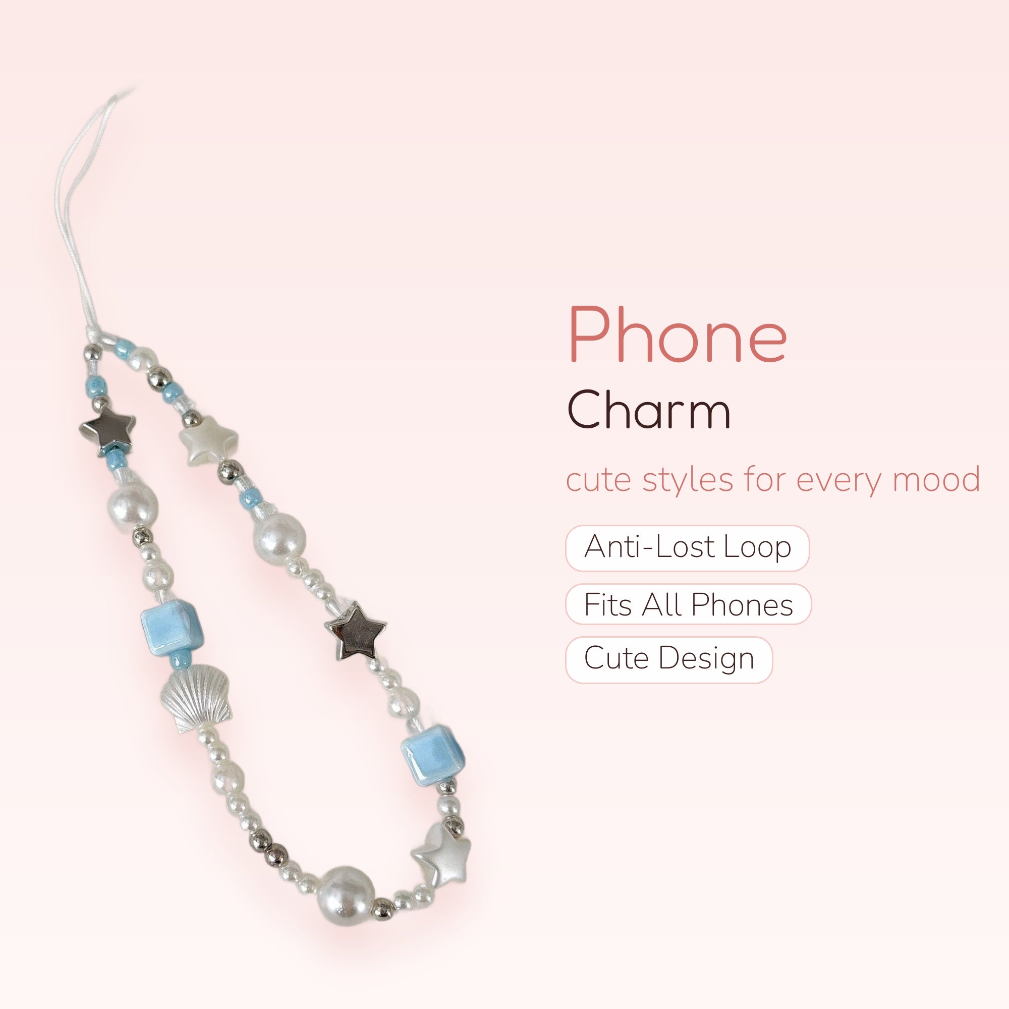 Aesthetic Pearl & Star Phone Charm Strap | Ocean Blue Beaded Wrist Lanyard