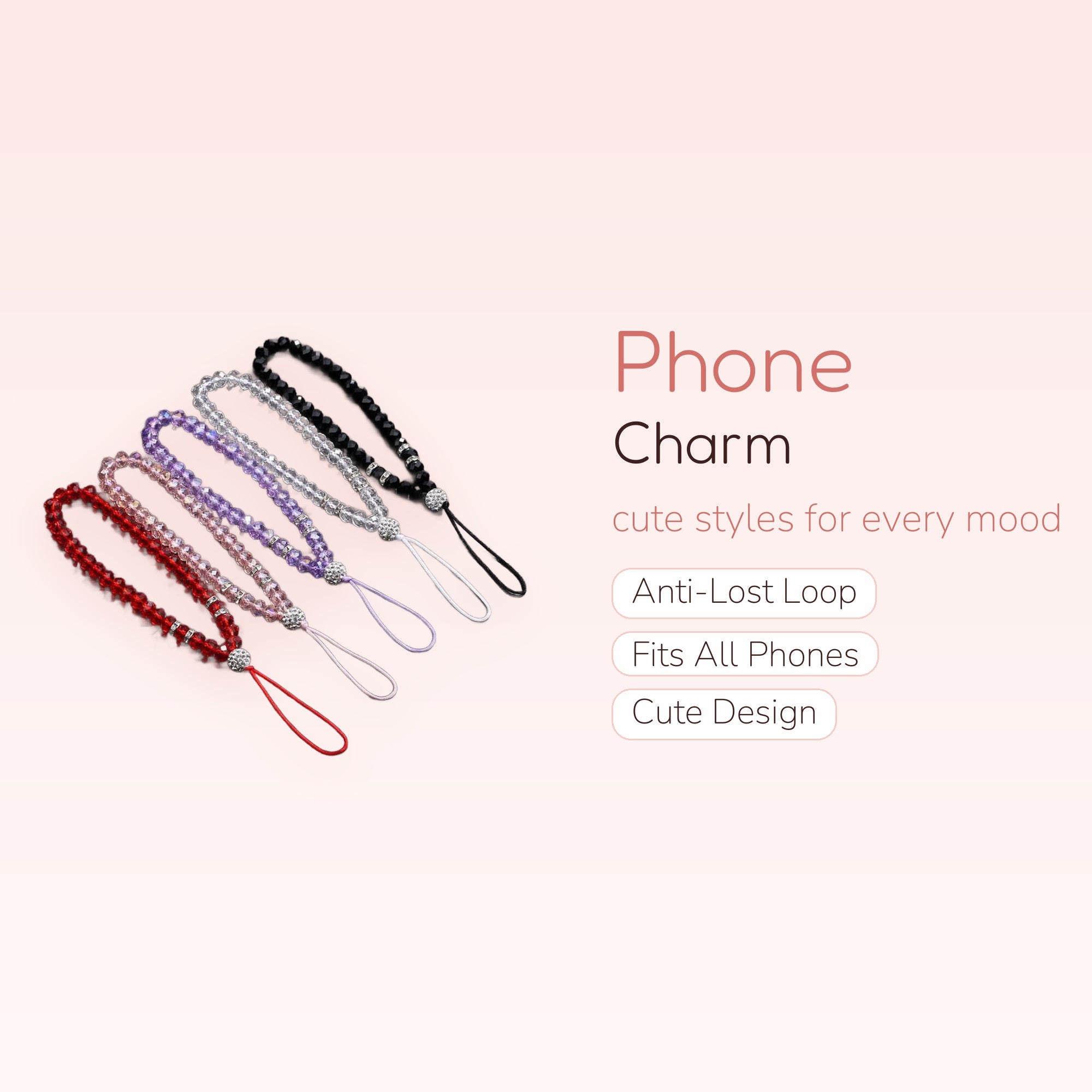 Sparkling Crystal Beaded Phone Charm Strap | Aesthetic Wrist Lanyard in Multiple Colors