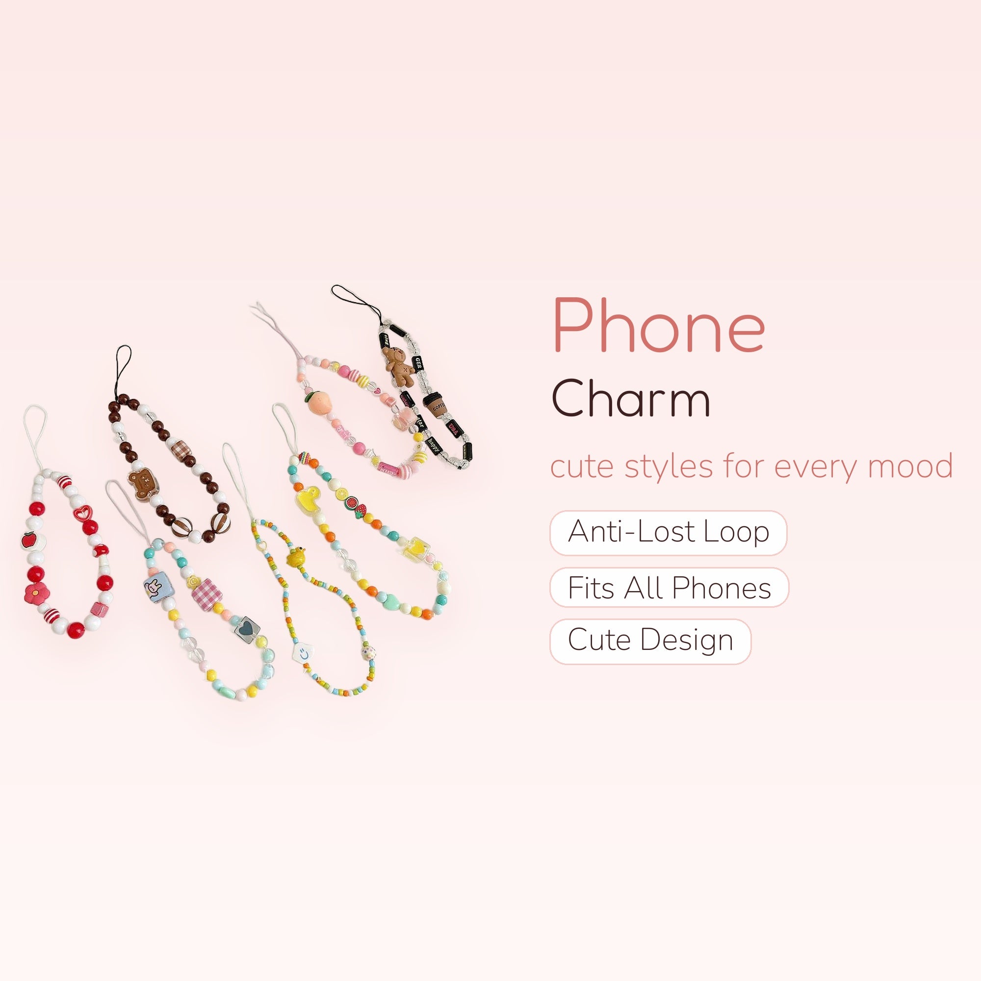 Kawaii Beaded Phone Charm Straps | Aesthetic Pastel & Cute Character Wrist Lanyards