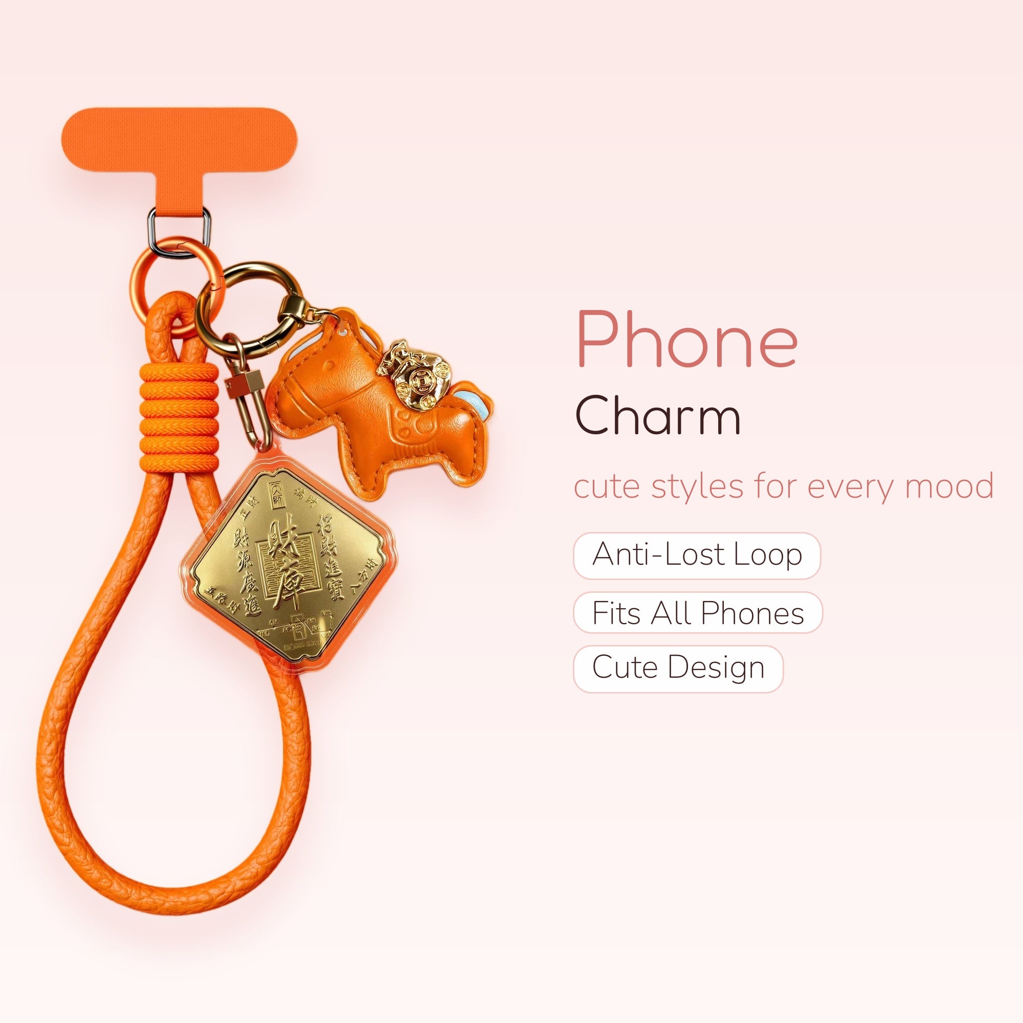 Orange Braided Leather Phone Charm Strap | Lucky Horse & Gold Coin Wrist Lanyard