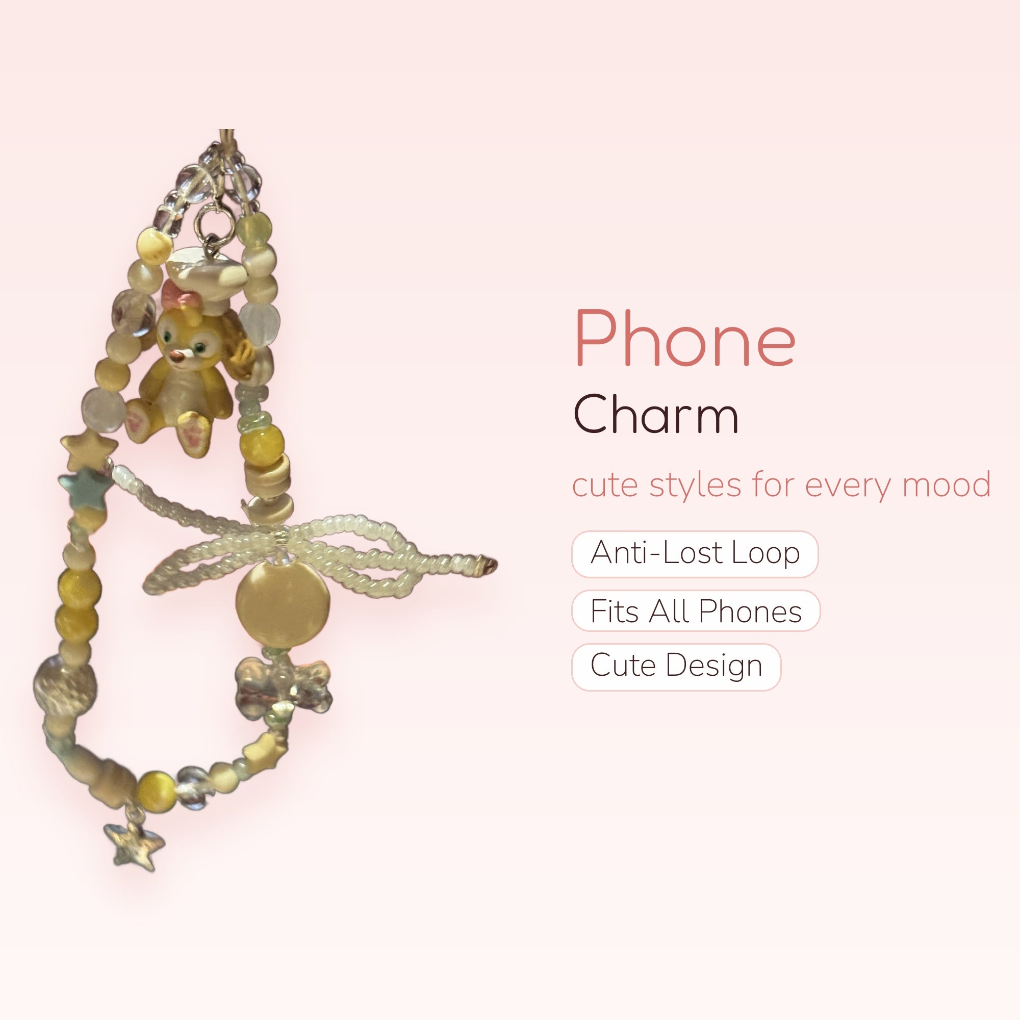 Cute Yellow & White Beaded Phone Charm | Pastel Star & Bunny Wrist Strap