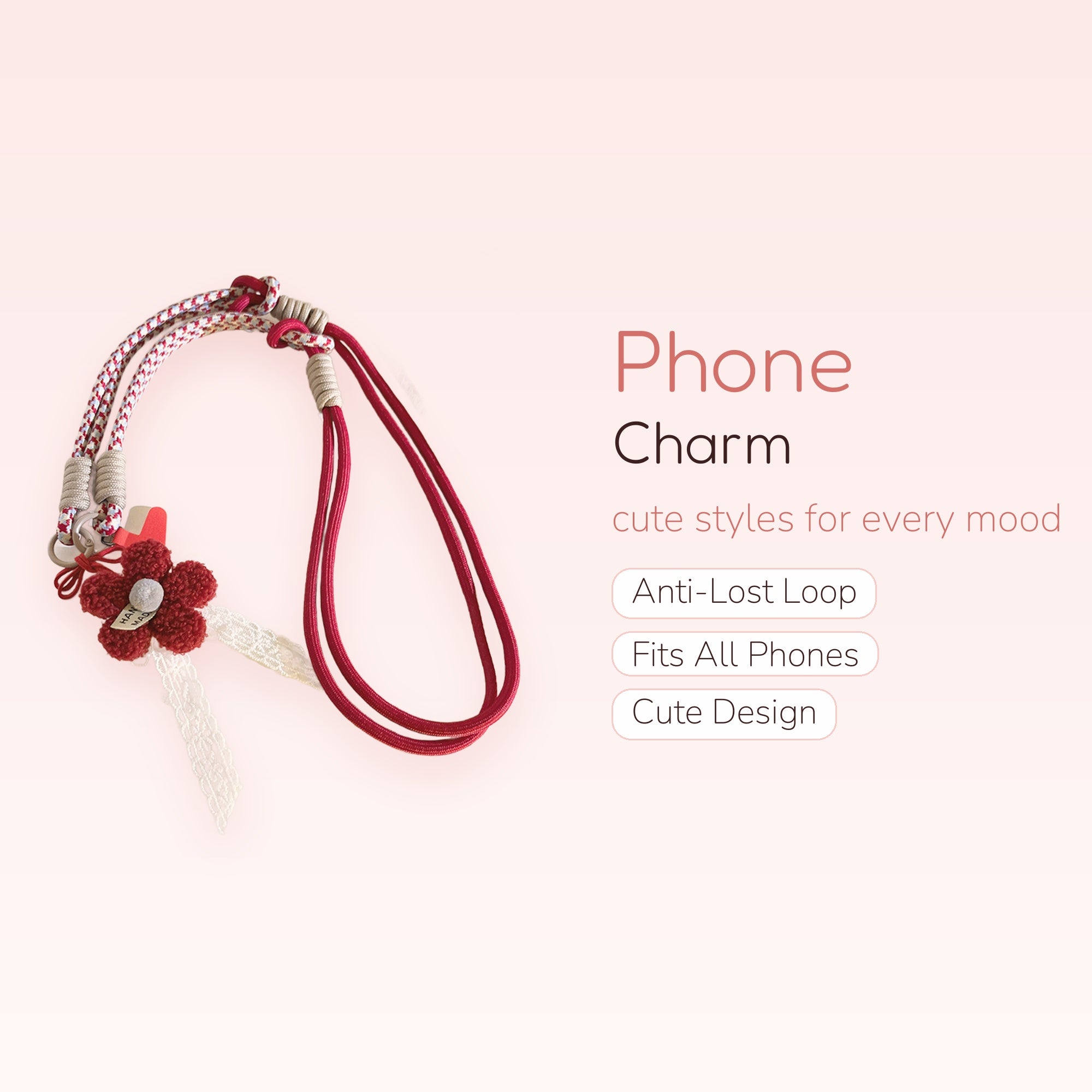 Red & White Braided Rope Phone Charm Lanyard | Cute Flower Wrist Strap