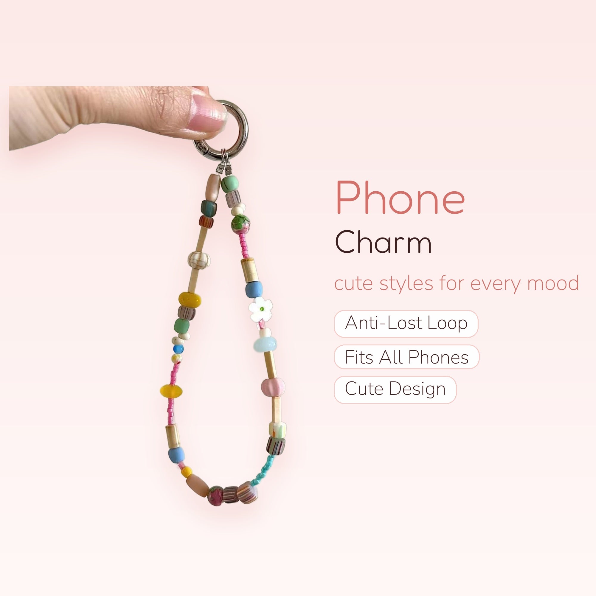 Aesthetic Pastel Beaded Phone Charm | Cute Mixed Bead Wrist Lanyard