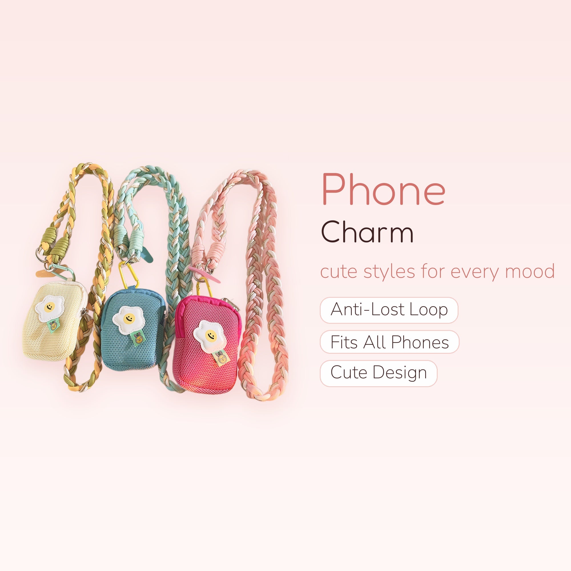 Braided Mesh Pouch Phone Charm Lanyard | Cute Fried Egg Mini Bag Strap