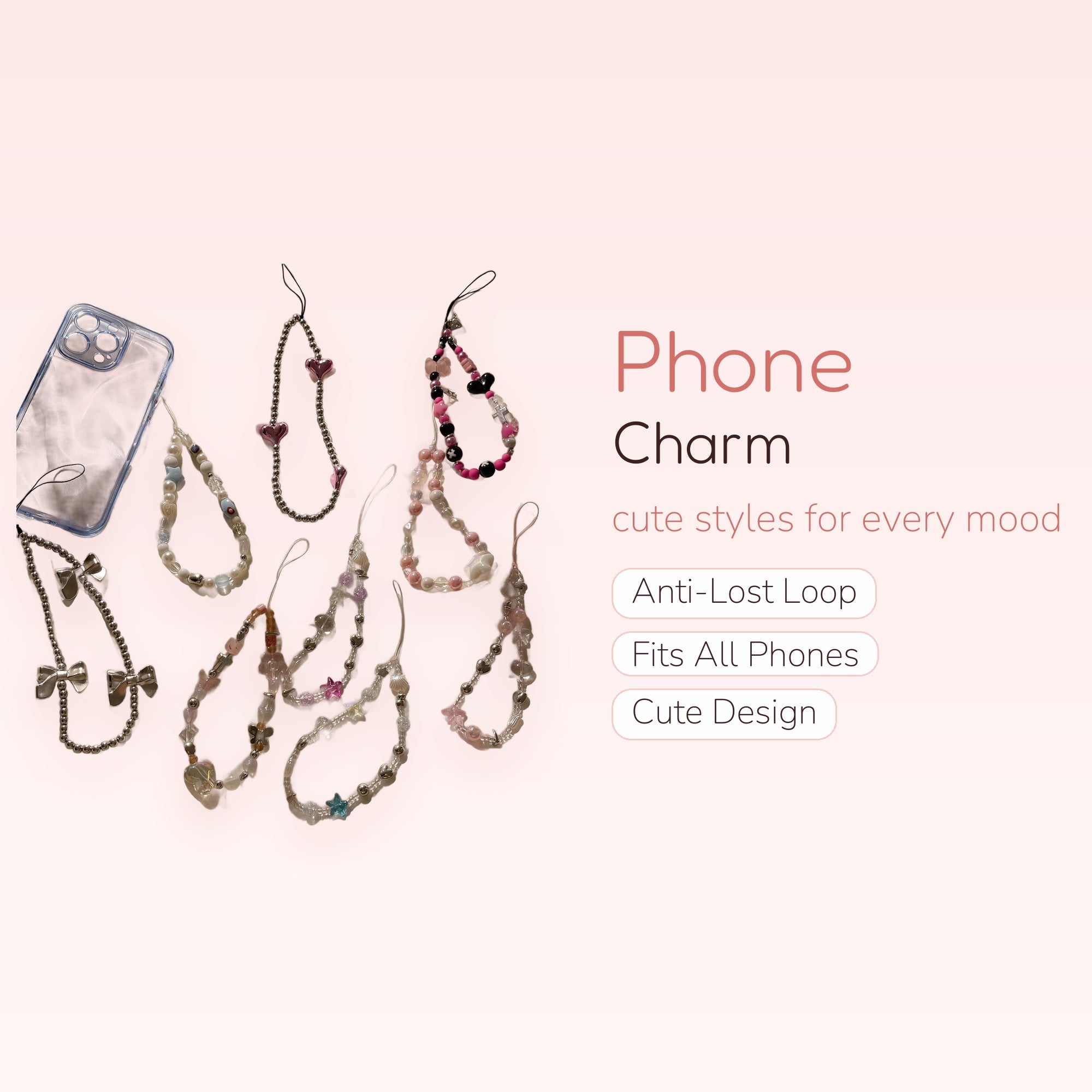 Aesthetic Beaded Phone Charm Straps | Cute Pearl & Heart Wrist Lanyards
