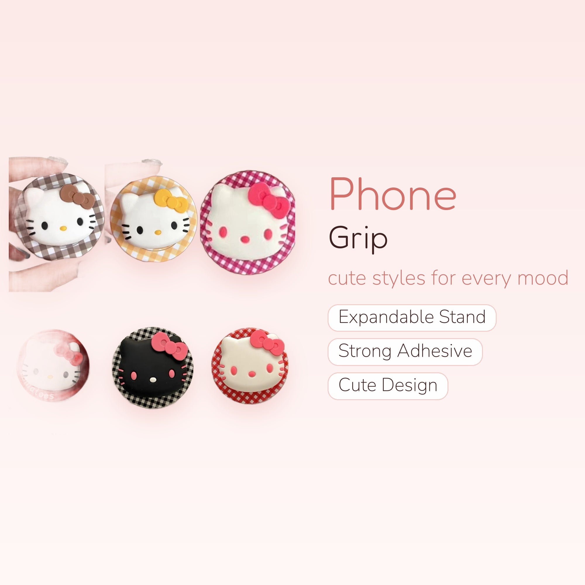 Cute Hello Kitty Gingham Phone Grip | Kawaii Pop Socket Stand for Girls