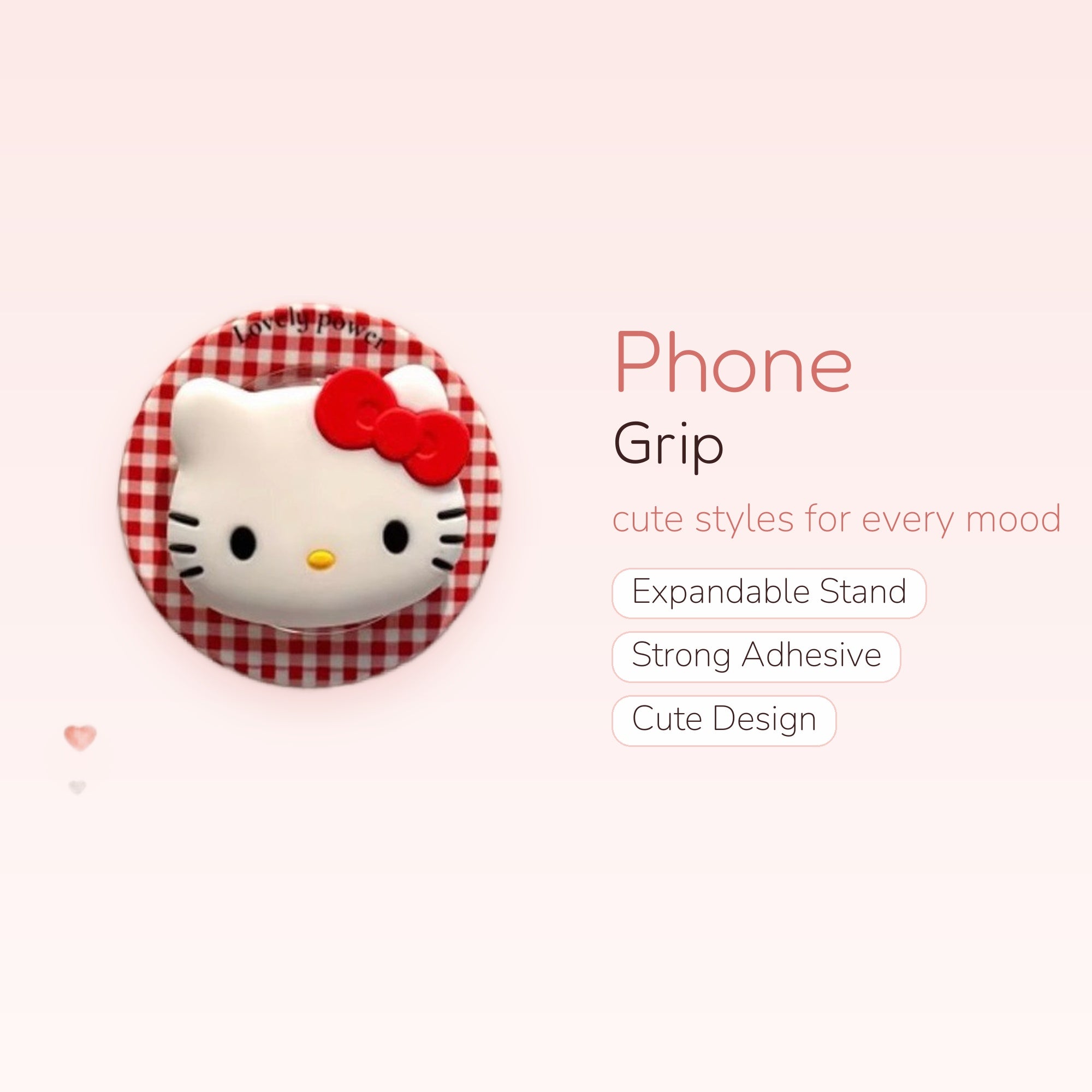 Kawaii Hello Kitty Instagram Phone Grip | Red Gingham Pop Socket Stand