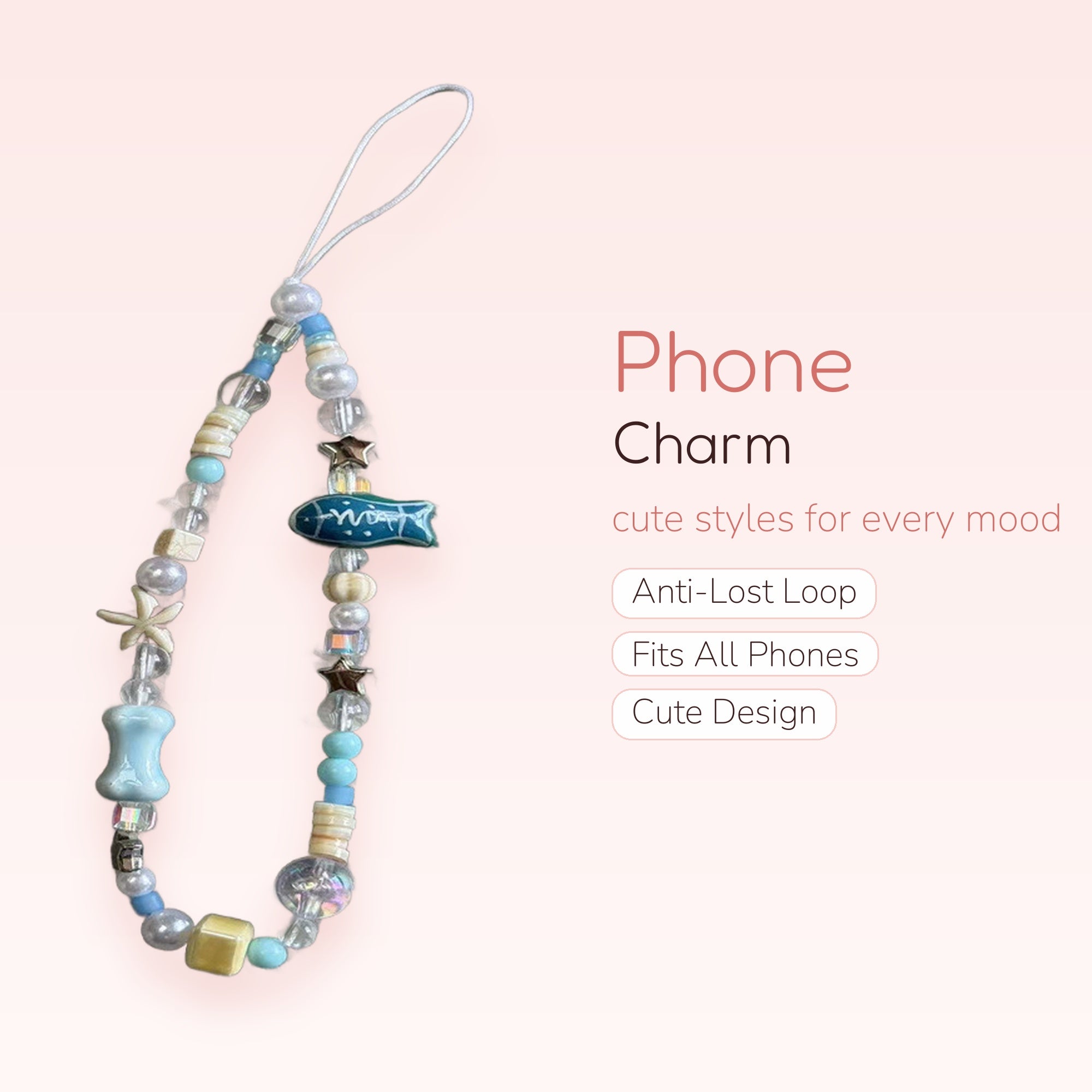 Aesthetic Blue & White Beaded Phone Charm | Ocean-Themed Starfish & Fish Wrist Strap