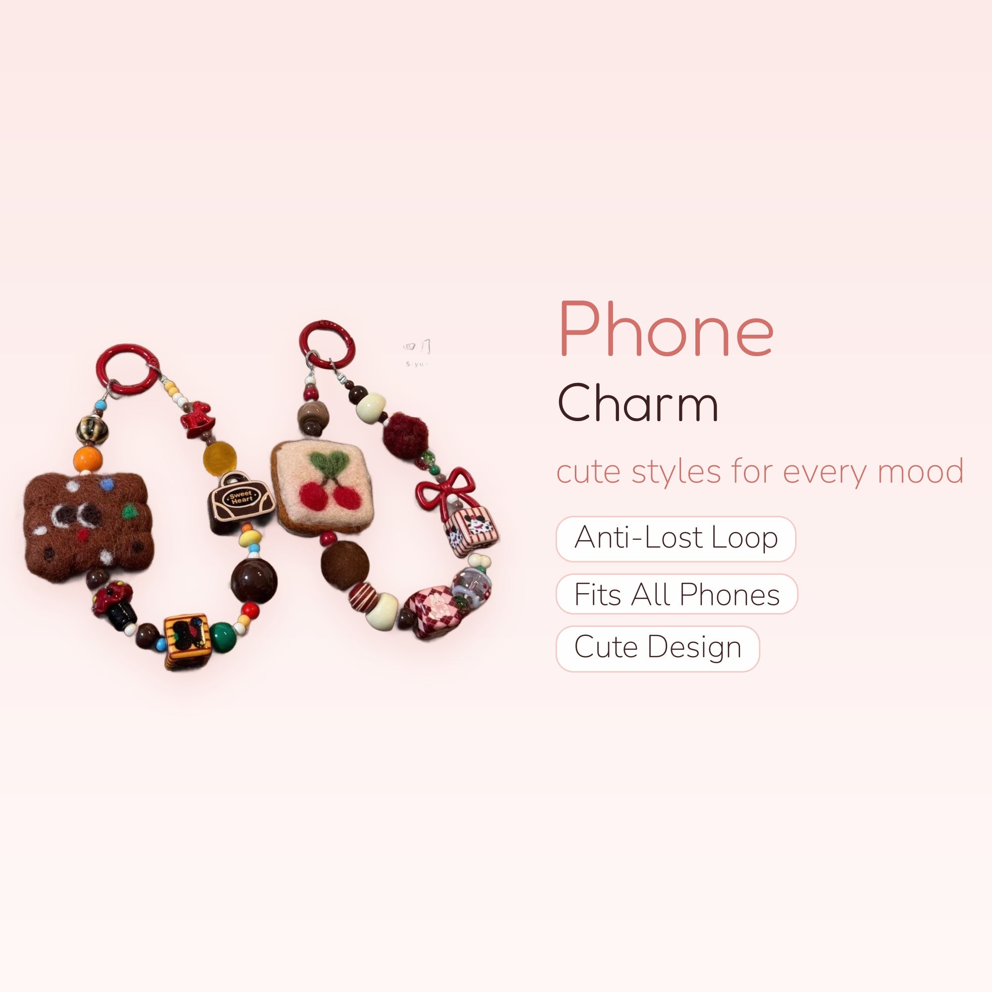 Kawaii Brownie & Cherry Felt Phone Charm | Aesthetic Beaded Wrist Strap