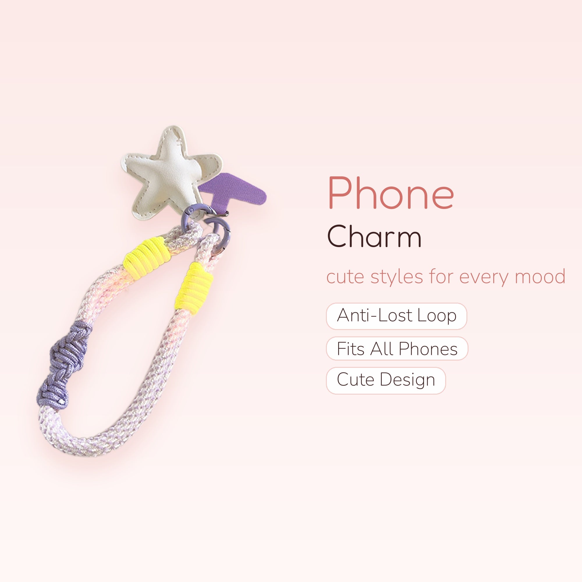 Aesthetic Braided Rope Phone Charm | Pastel Purple & Neon Yellow Wrist Lanyard with Star