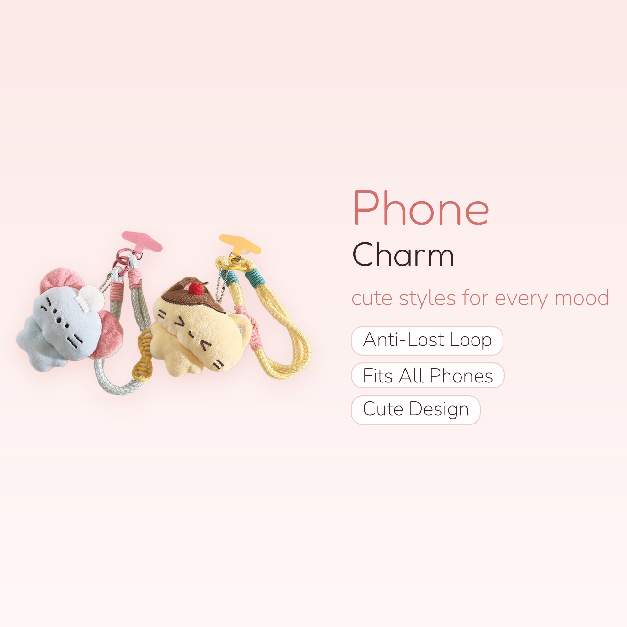 Kawaii Plush Pudding & Mouse Phone Charm | Cute Wrist Strap Lanyard