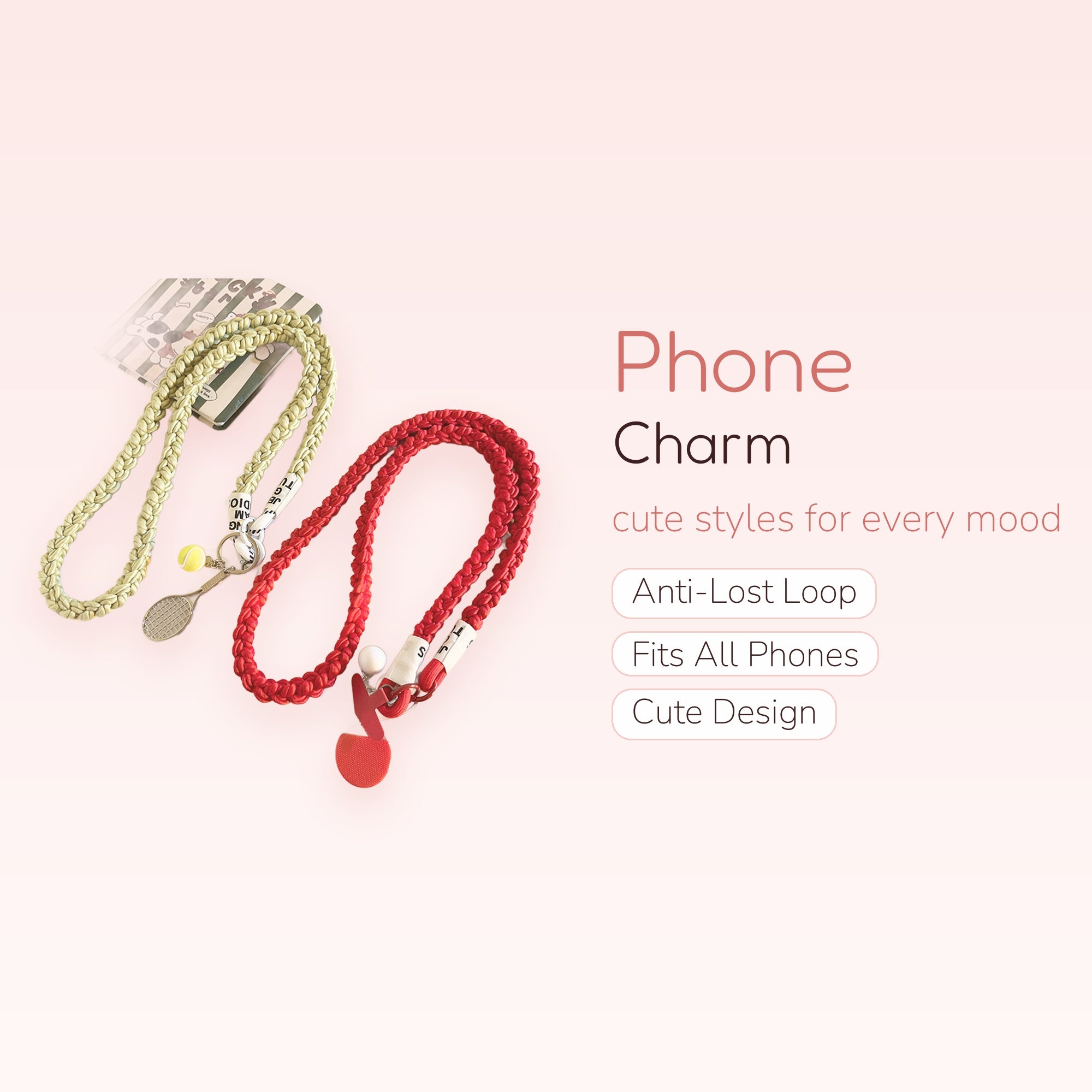 Braided Sports Charm Phone Lanyard | Tennis & Ping Pong Keychain Strap