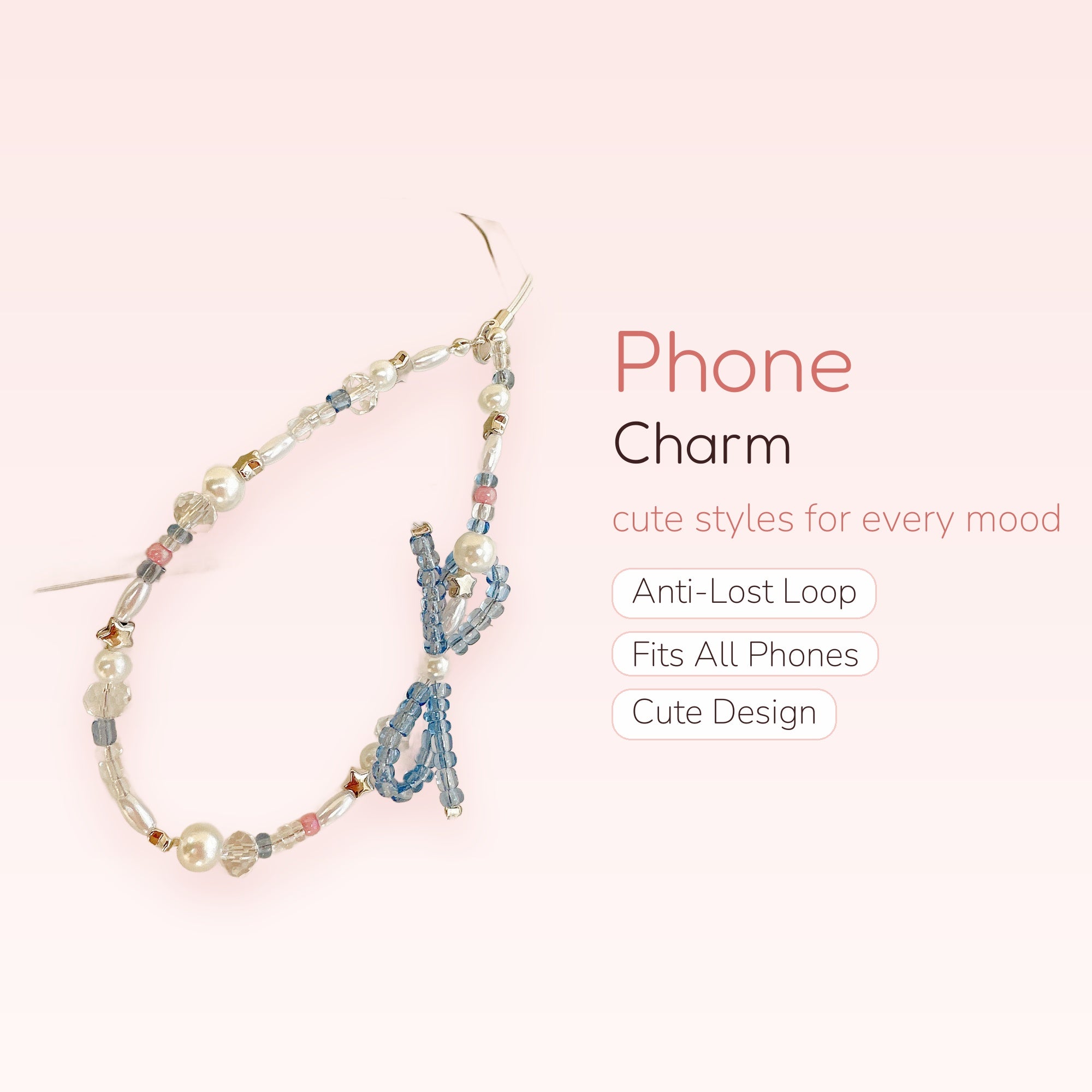 Cute Pearl & Star Beaded Phone Charm | Pastel Blue Bow Wrist Strap