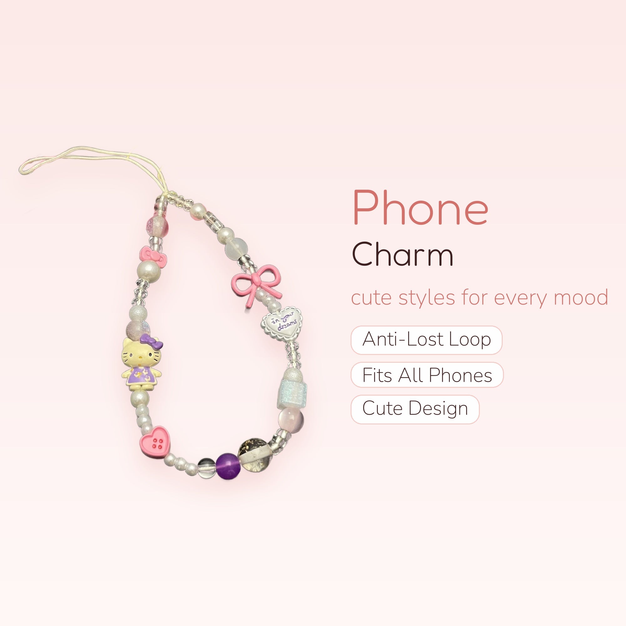 Kawaii Hello Kitty & Pearl Phone Charm | Pastel Beaded Wrist Strap