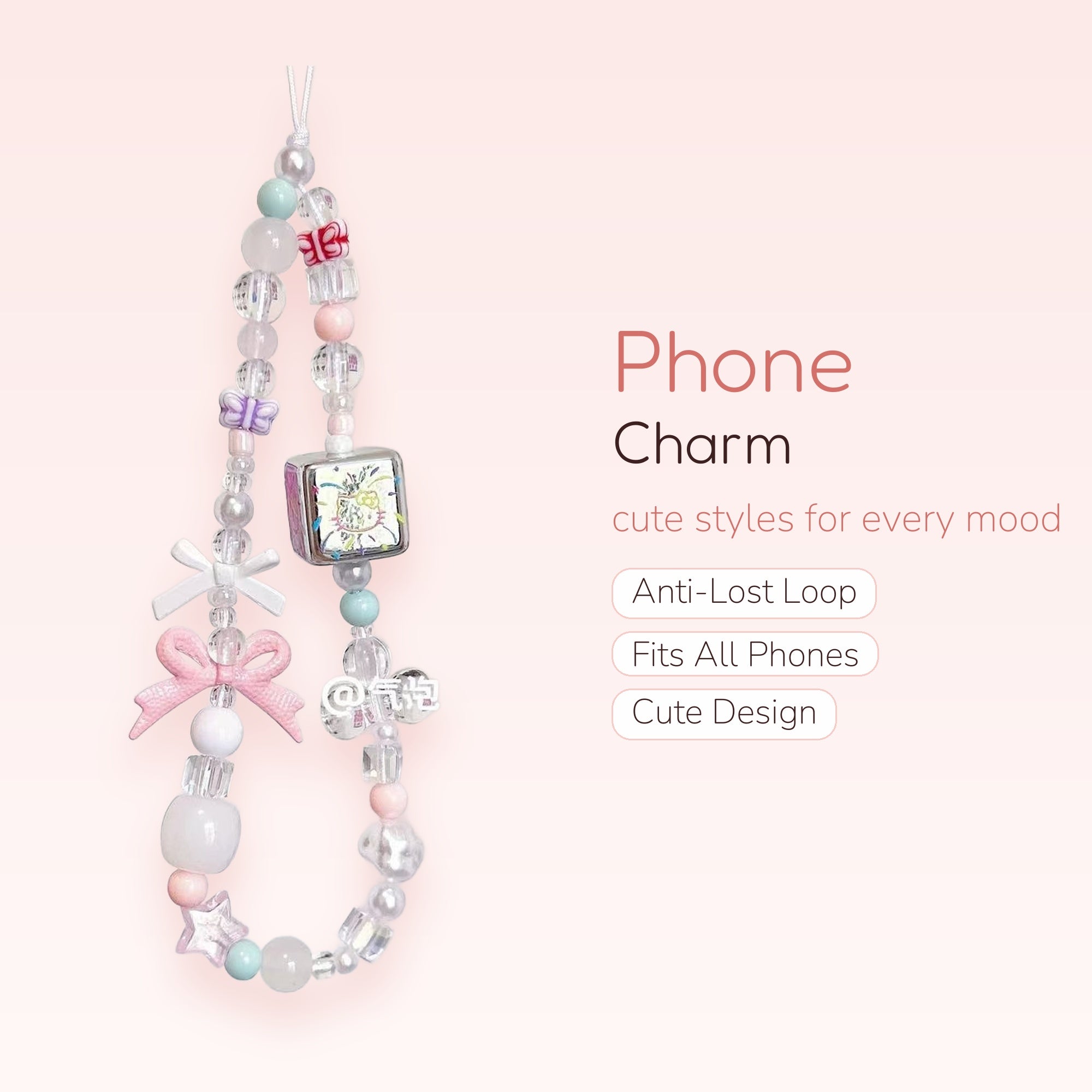 Pastel Beaded Phone Charm Strap with Hello Kitty & Bows | Kawaii Y2K Wrist Lanyard