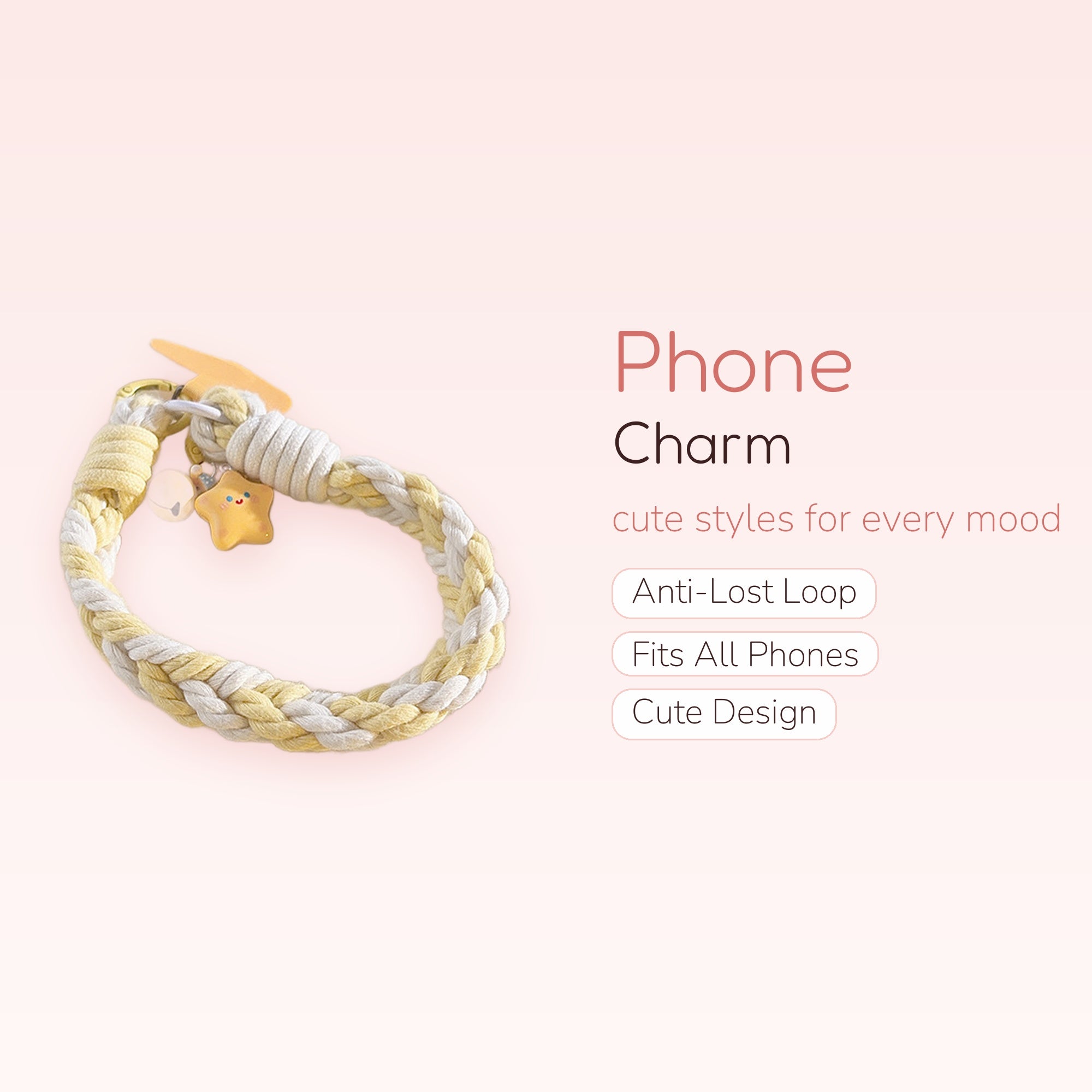 Cute Braided Yellow & White Phone Charm | Kawaii Star & Bell Wrist Strap