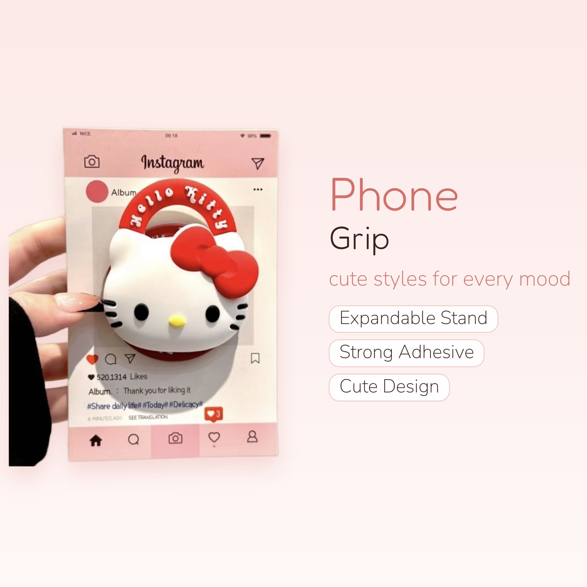 Kawaii Hello Kitty Phone Grip | Cute Red Bow Pop Socket Stand