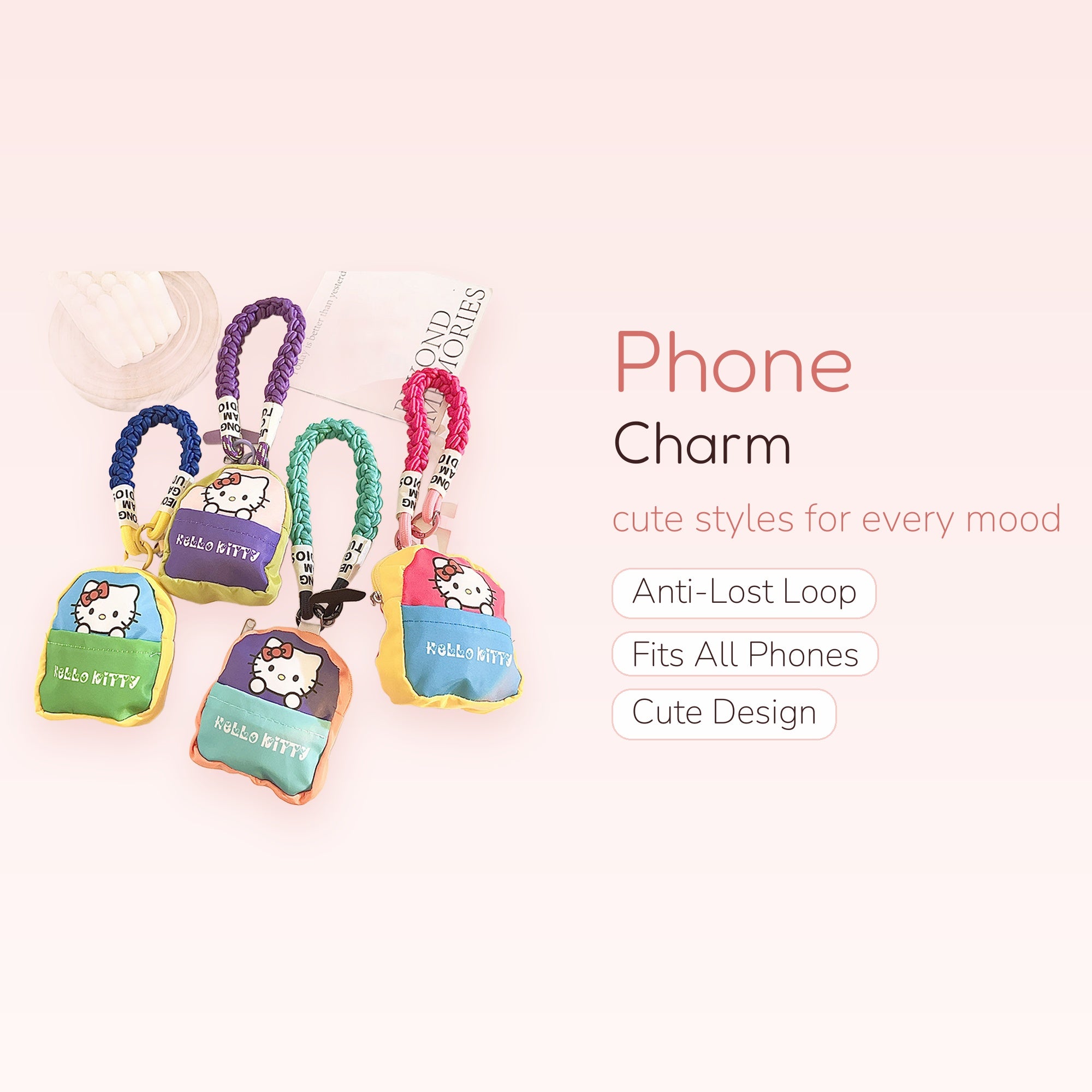 Kawaii Hello Kitty Mini Backpack Phone Charm | Colorful Braided Wrist Strap Lanyard