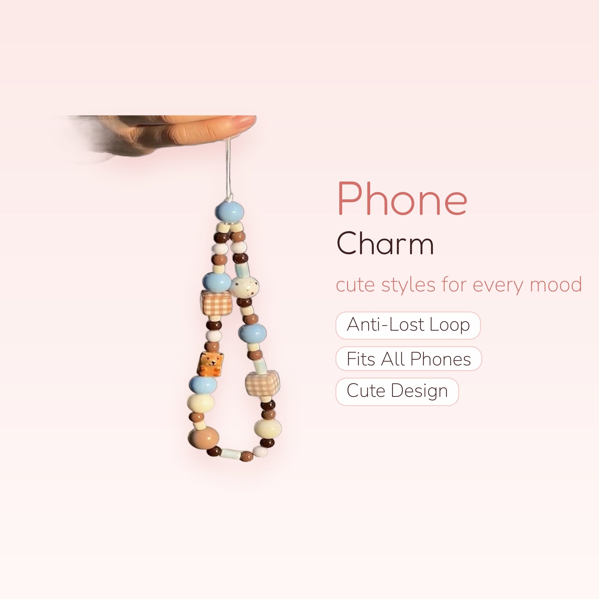Aesthetic Brown & Blue Beaded Phone Charm | Cute Bear & Plaid Wrist Strap
