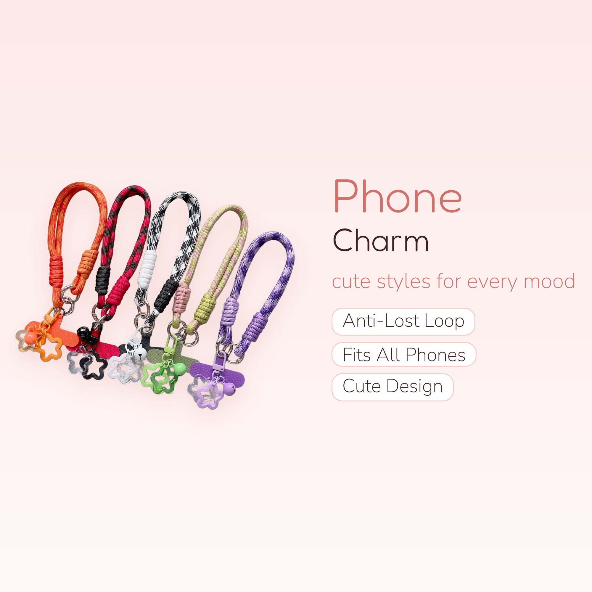 Colorful Braided Rope Phone Charm Strap | Aesthetic Star & Bell Wrist Lanyard