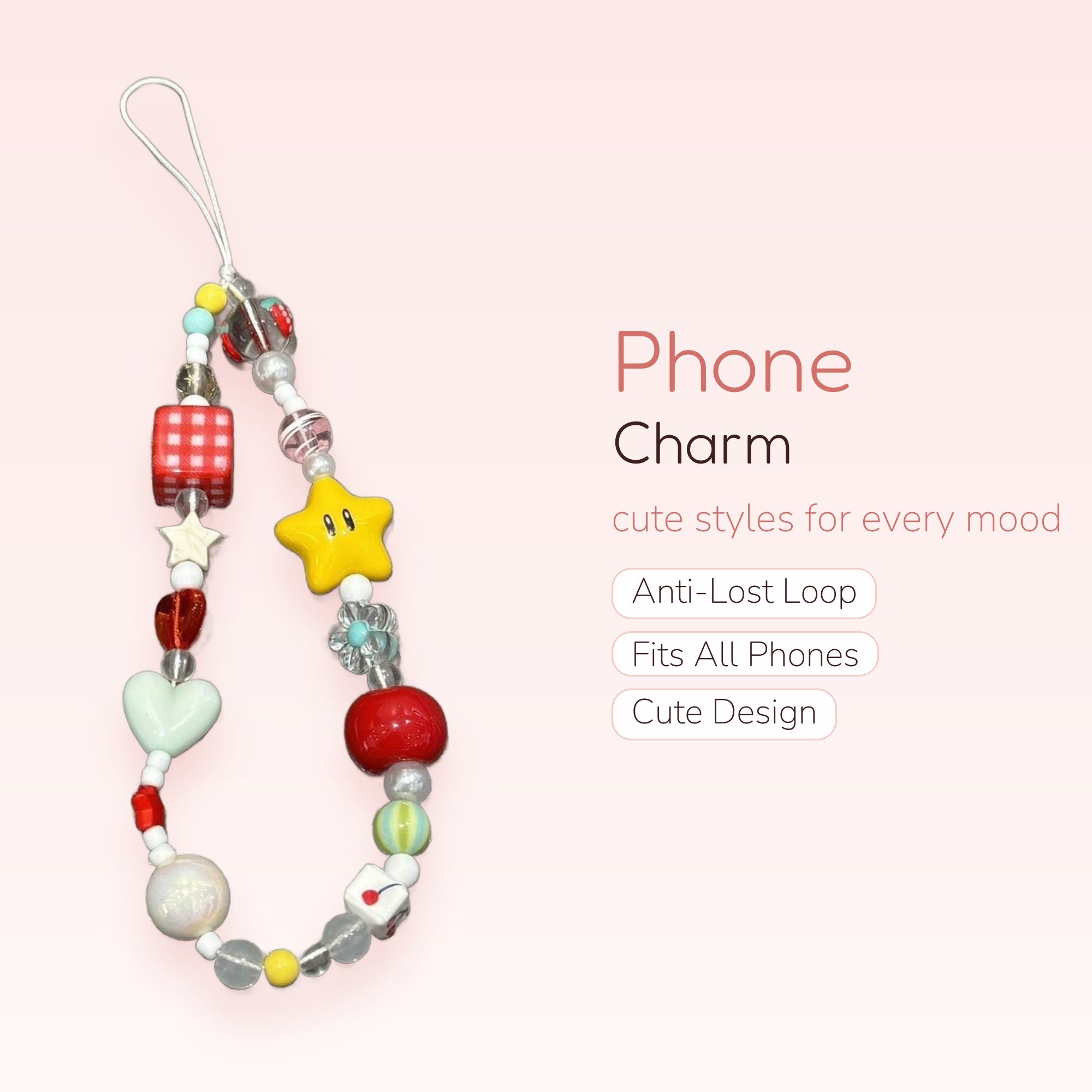 Kawaii Beaded Phone Charm Strap | Y2K Star & Heart Wrist Lanyard