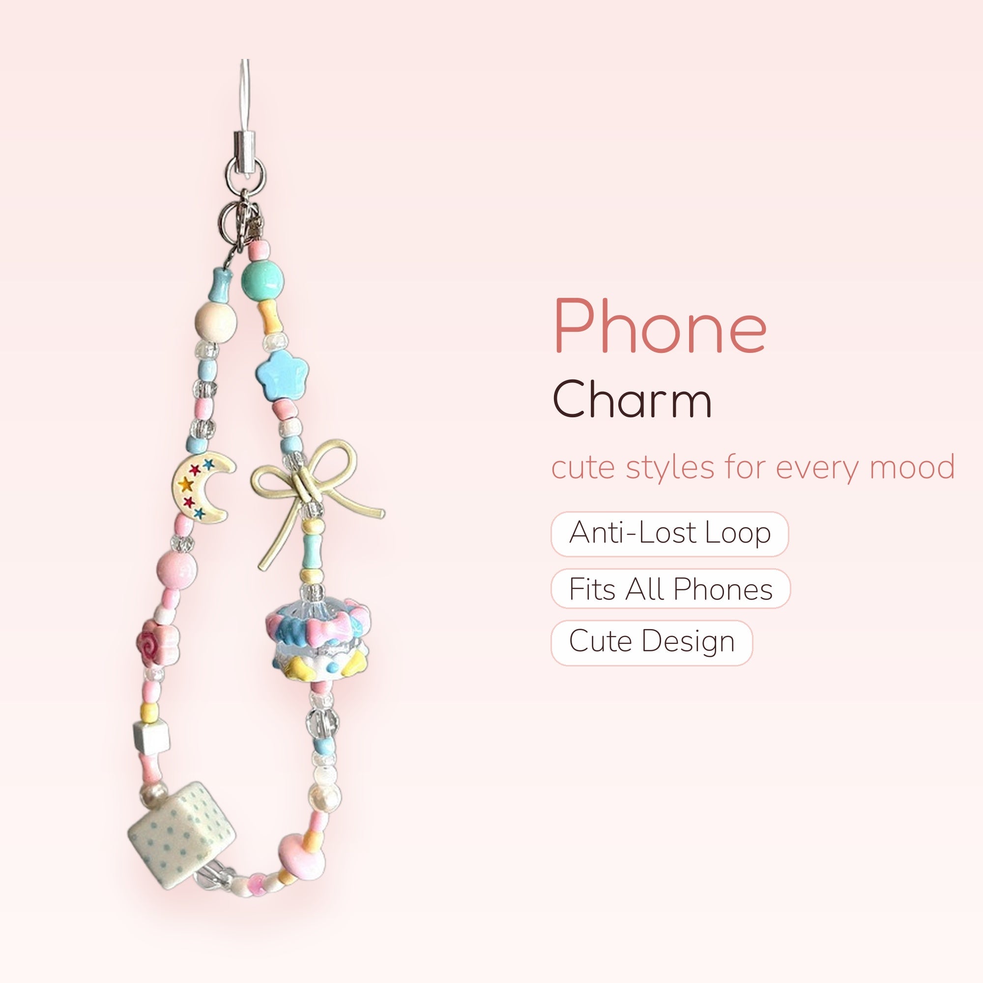 Pastel Beaded Phone Charm Strap | Kawaii Moon Star Bow Cake Cube Lanyard