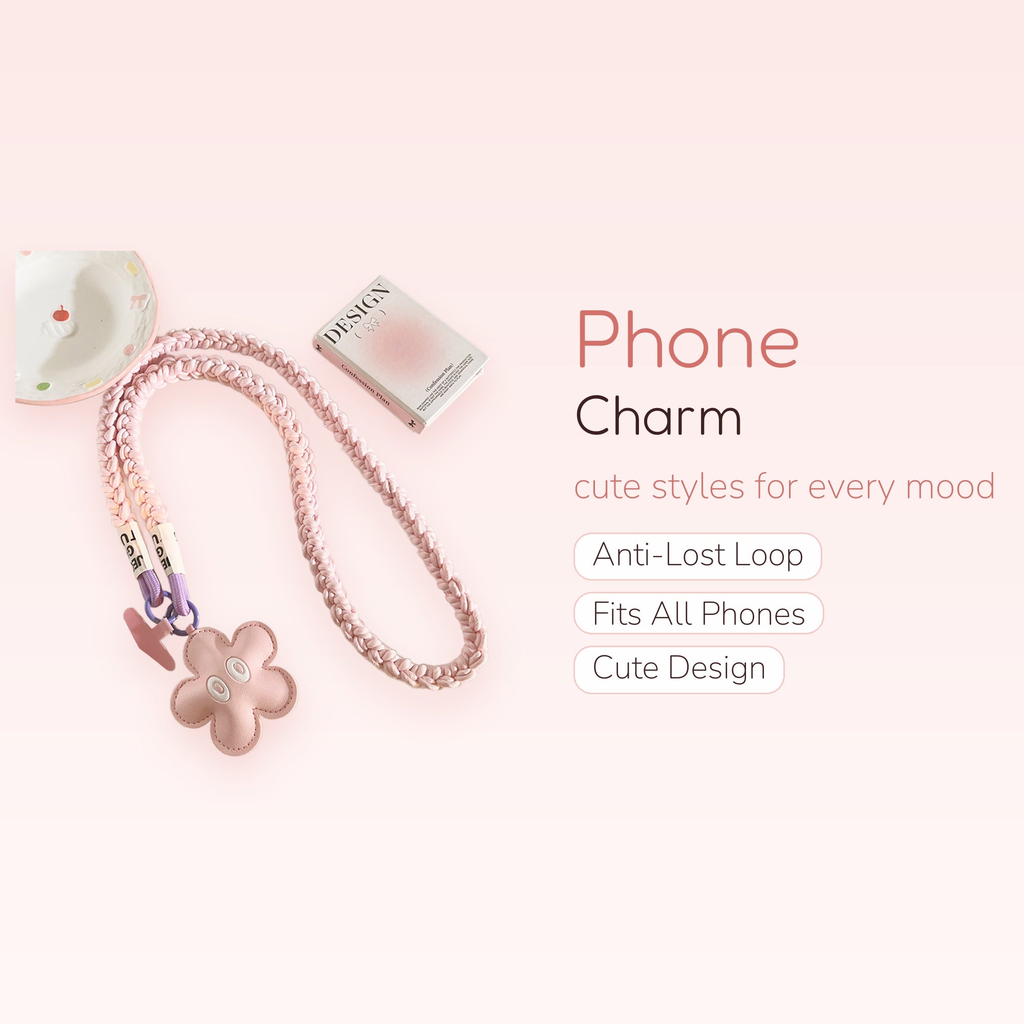 Pink Braided Lanyard Phone Charm | Cute Flower Pendant Wrist Strap