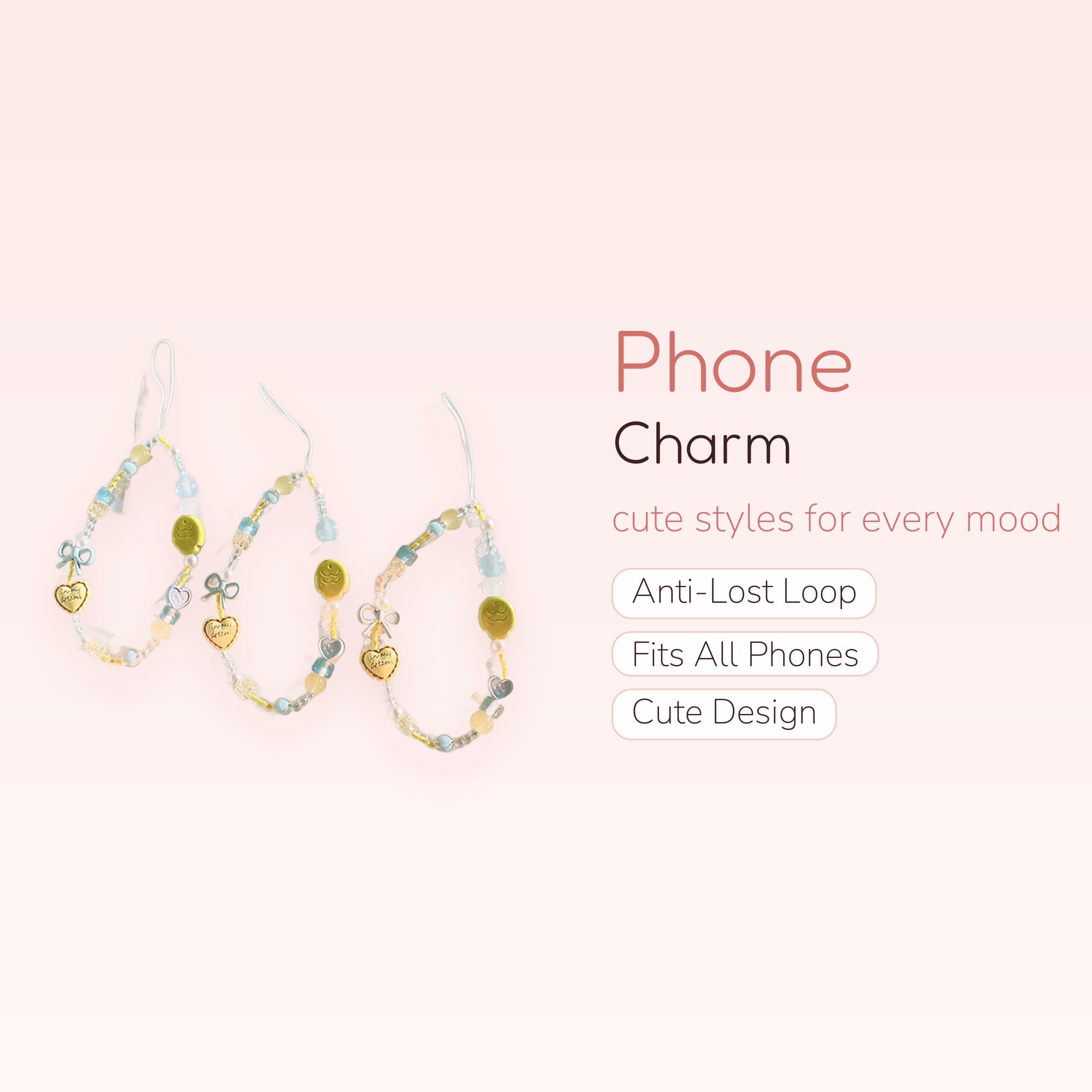 Kawaii Pastel Beaded Phone Charm Strap | Cute Yellow Smiley Face & Heart Lanyard