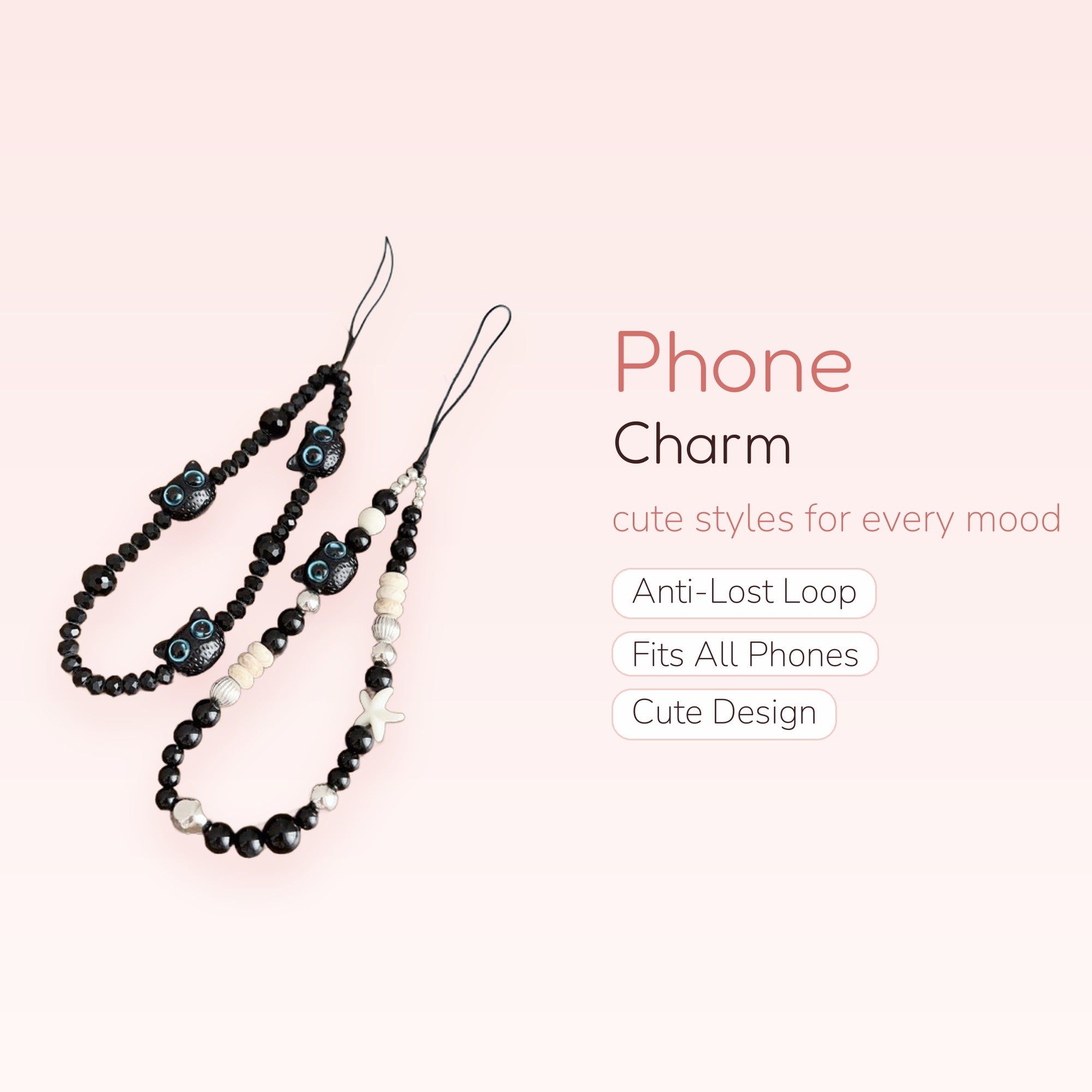 Kawaii Black Cat Beaded Phone Charm | Aesthetic Starfish Wrist Strap