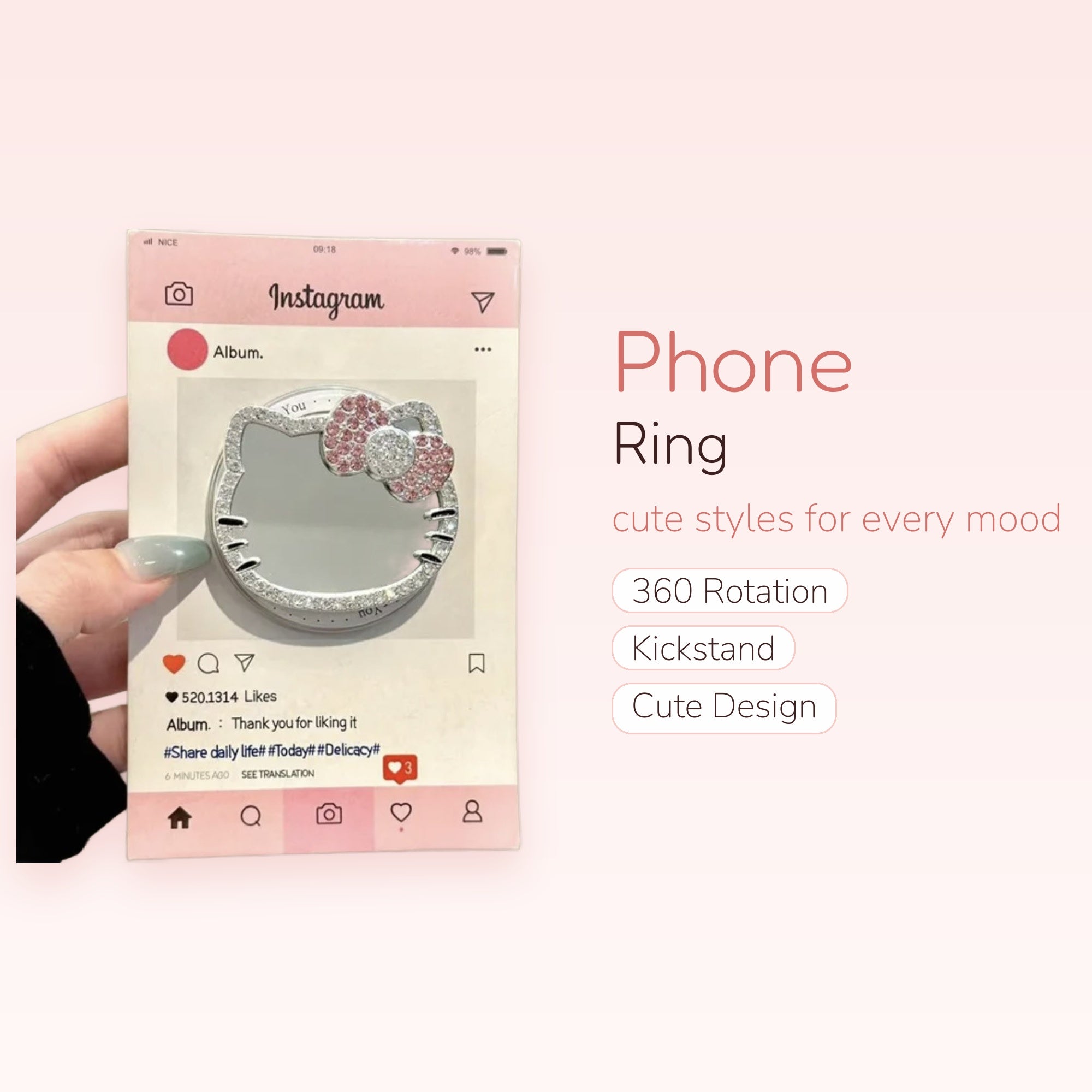 Sparkly Hello Kitty Phone Ring | Rhinestone Finger Holder Kickstand