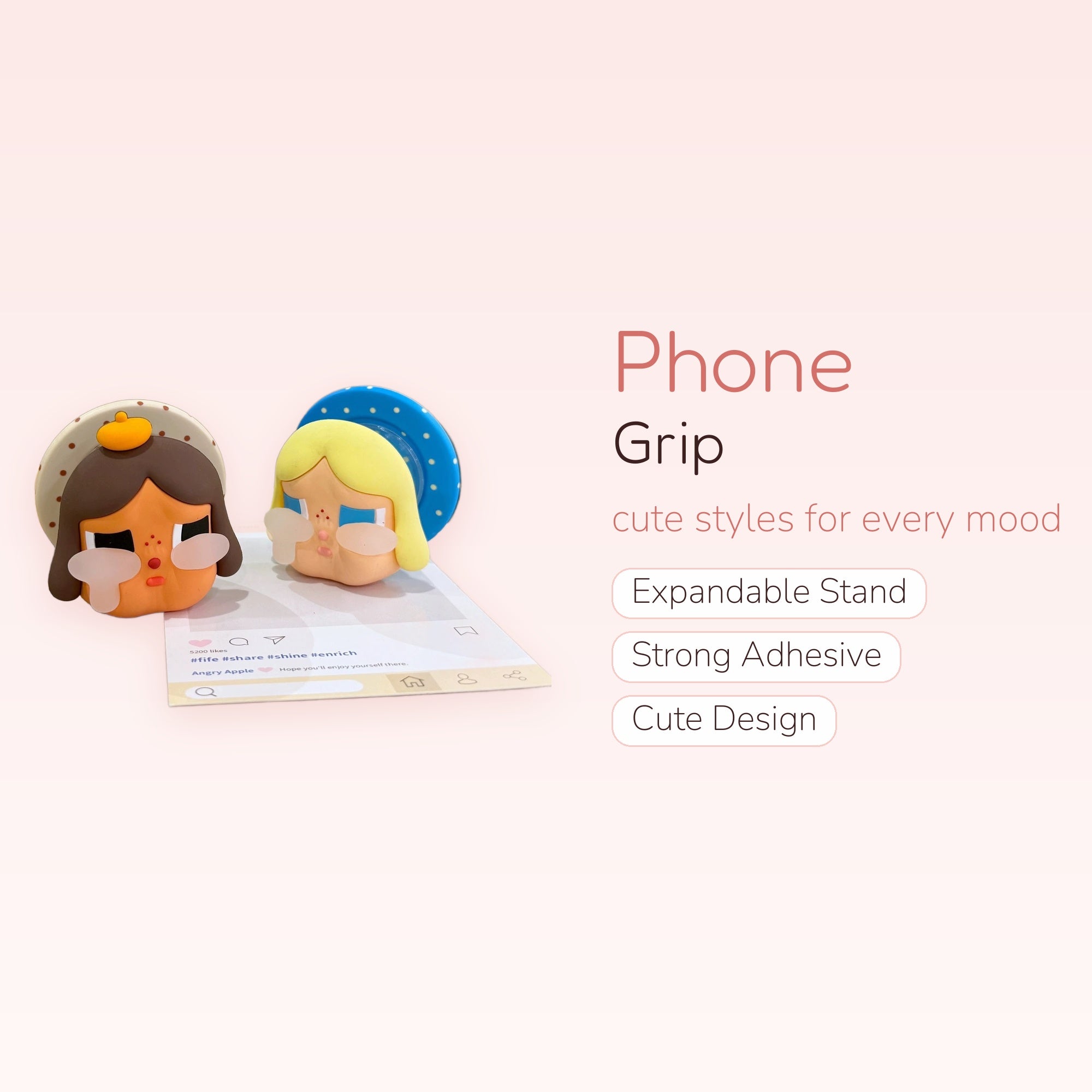Kawaii Crying Face Phone Grip | Cute Cartoon Pop Socket Stand