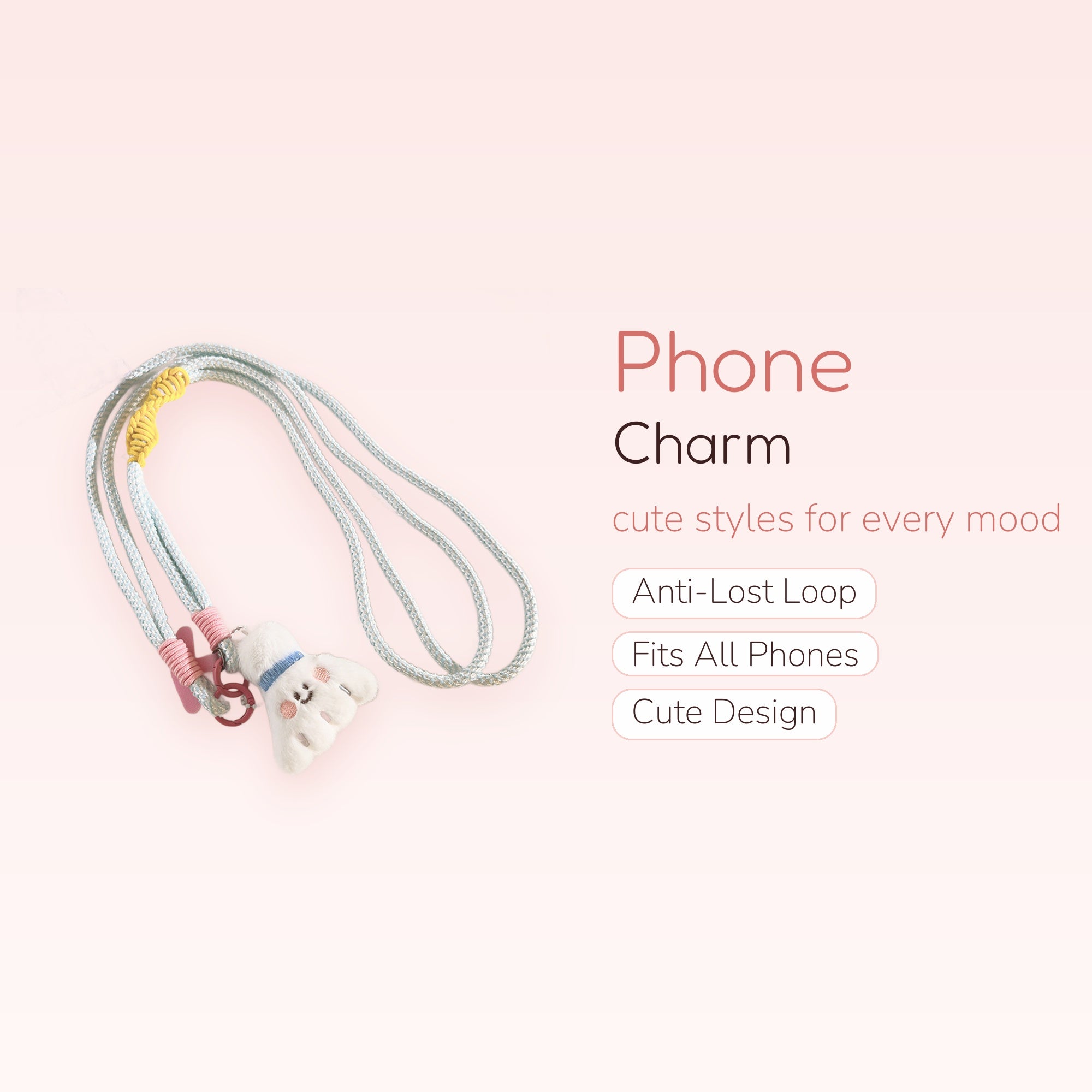 Cute Fluffy White Badminton Racket Phone Lanyard | Kawaii Blue & Pink Strap