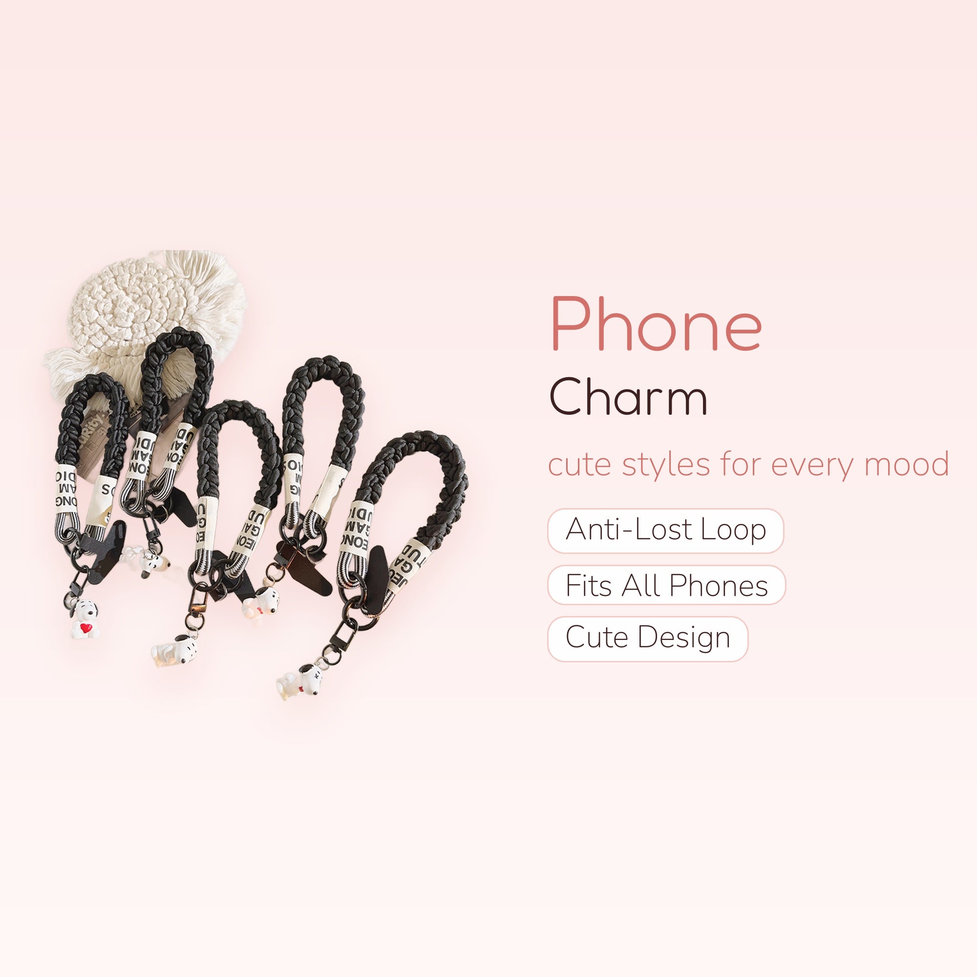 Black Braided Wrist Phone Charm | Cute Snoopy Dog Lanyard Strap
