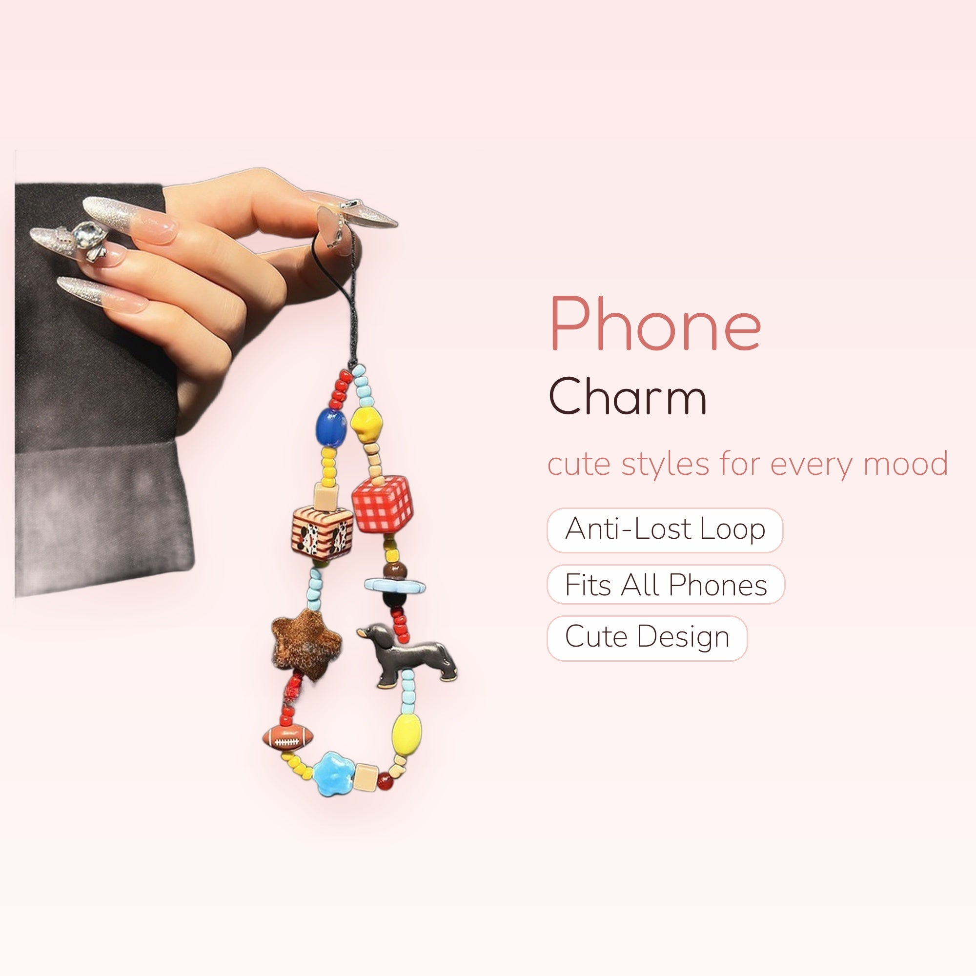 Kawaii Colorful Beaded Phone Charm Strap | Playful Animal & Object Wrist Lanyard