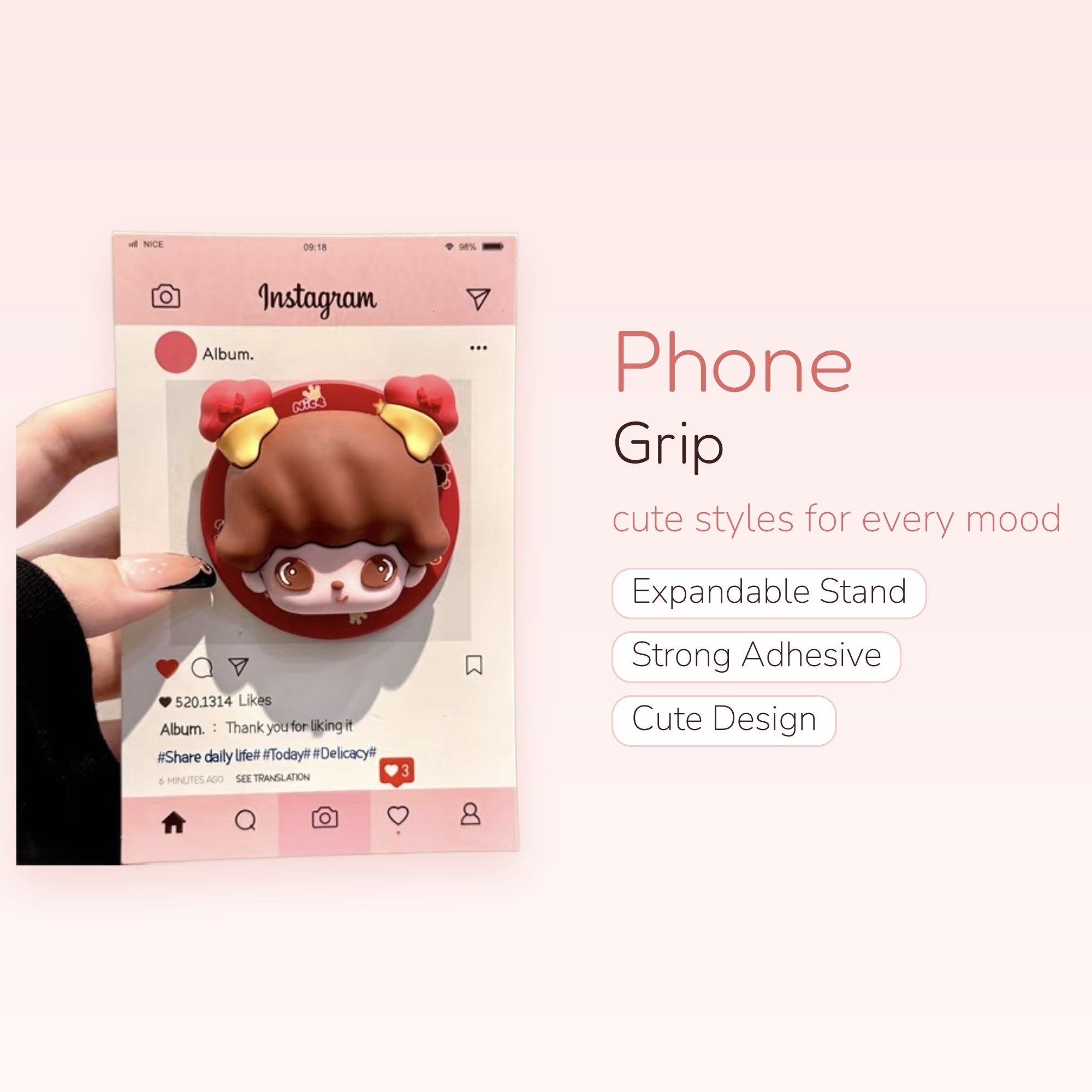 Kawaii Instagram Post Phone Grip | Cute Cartoon Girl Pop Socket Stand