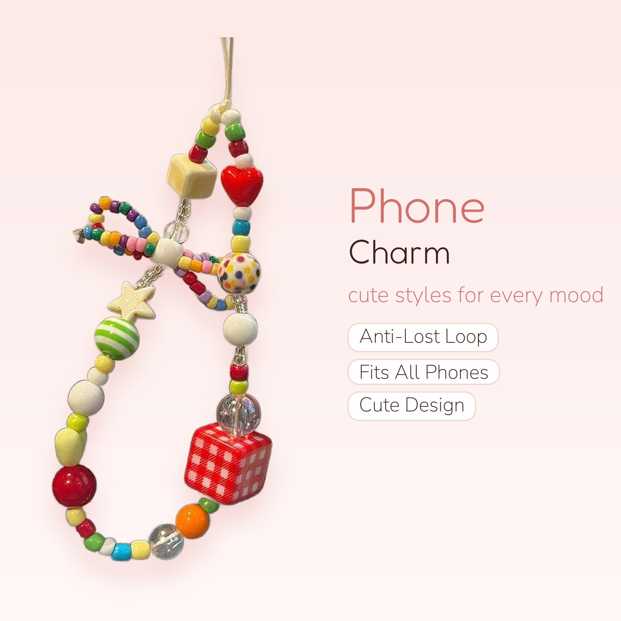 Kawaii Beaded Phone Charm Strap | Colorful Y2K Aesthetic Wrist Lanyard