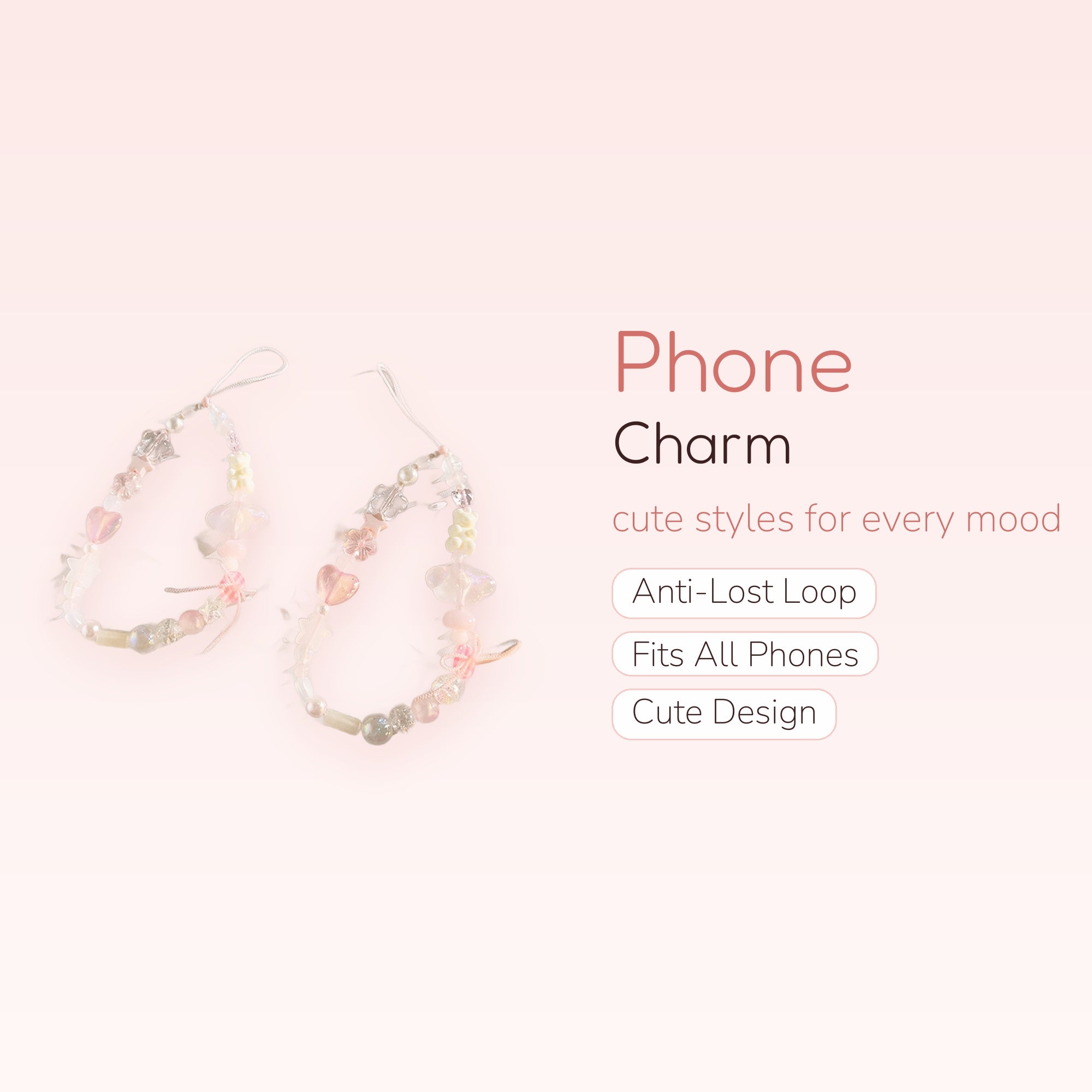 Pastel Pink Heart & Pearl Phone Charm Strap | Kawaii Beaded Wrist Lanyard