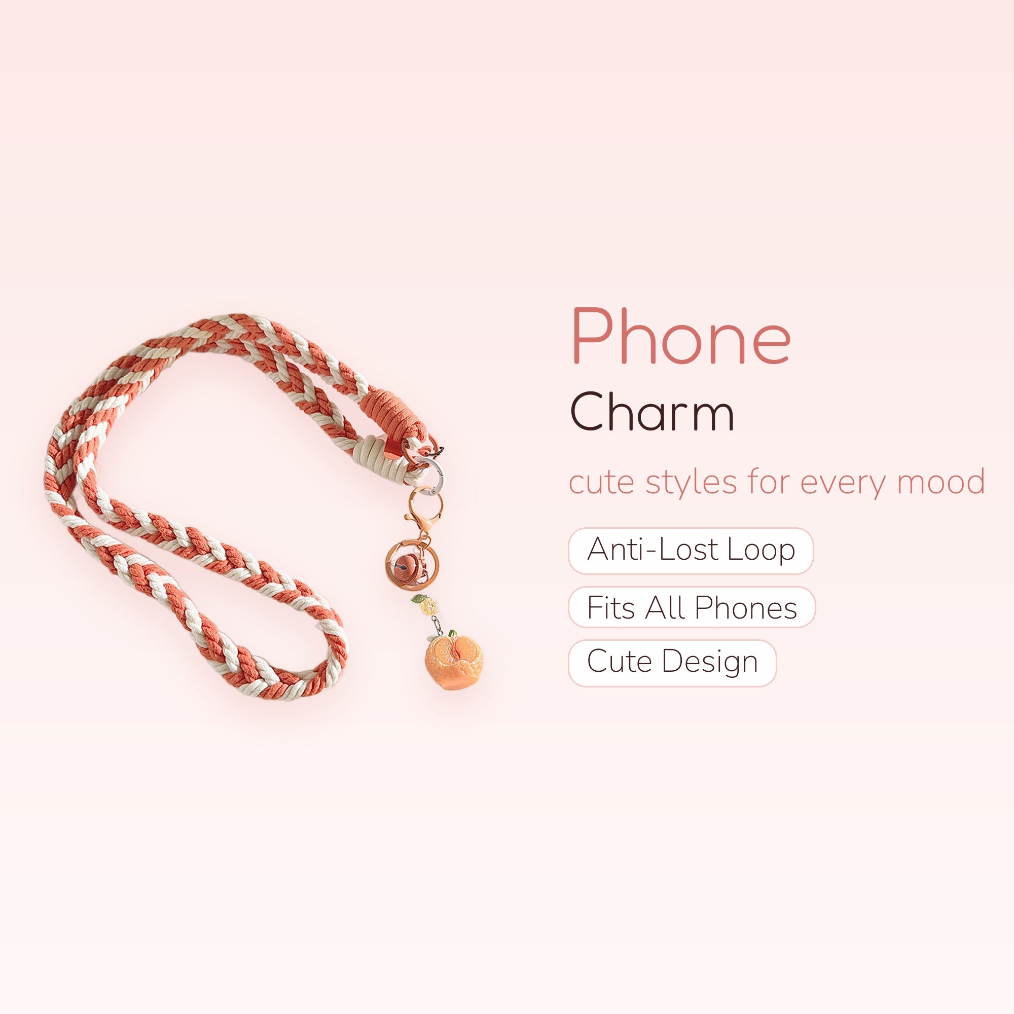 Braided Orange & White Lanyard Phone Charm | Cute Fruit Keychain Strap