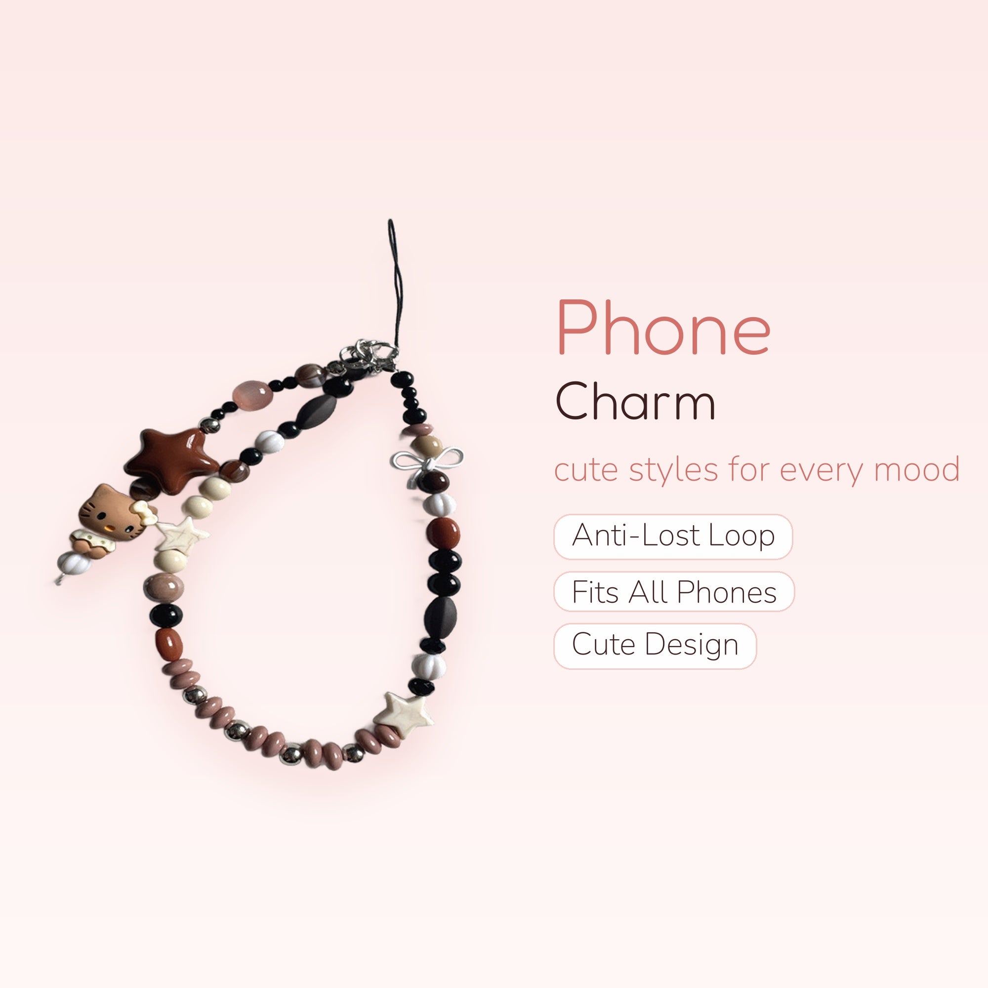Aesthetic Brown & Pink Beaded Phone Charm | Kawaii Hello Kitty Star Wrist Strap