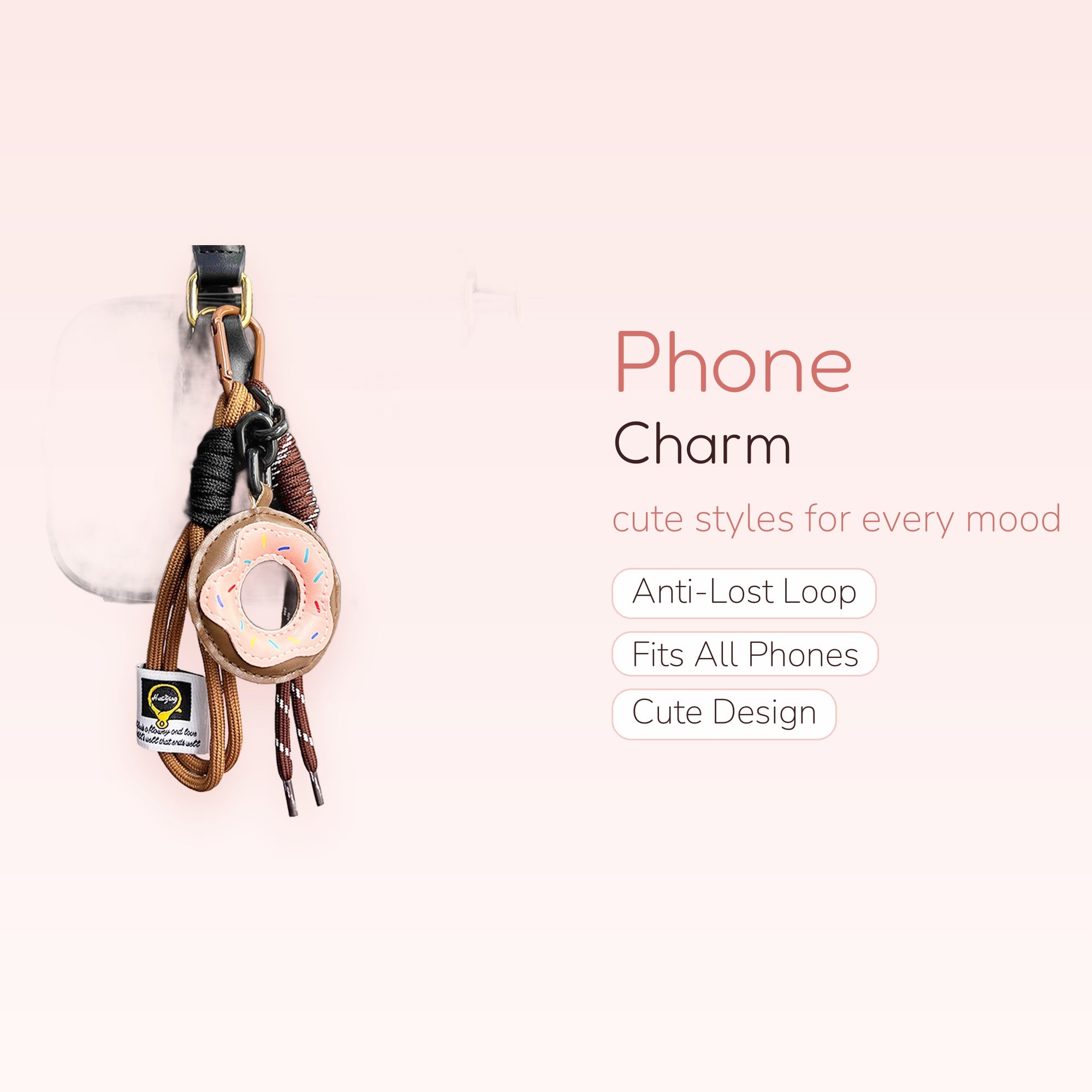Cute Donut Keychain Phone Charm | Aesthetic Brown Rope Wrist Lanyard