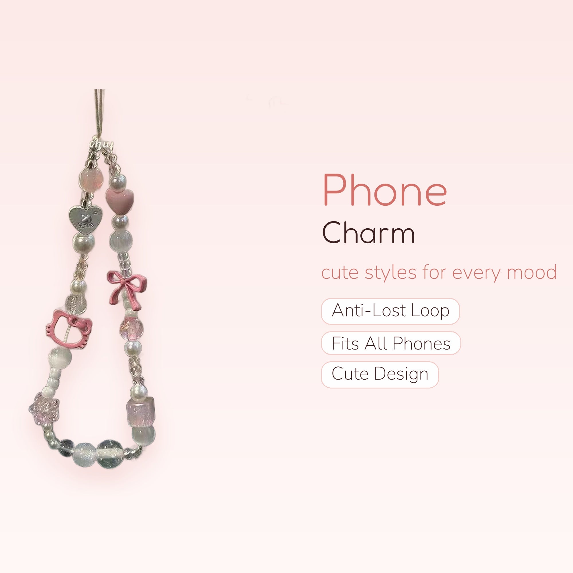 Kawaii Pink & White Beaded Phone Charm | Hello Kitty Heart Bow Wrist Strap